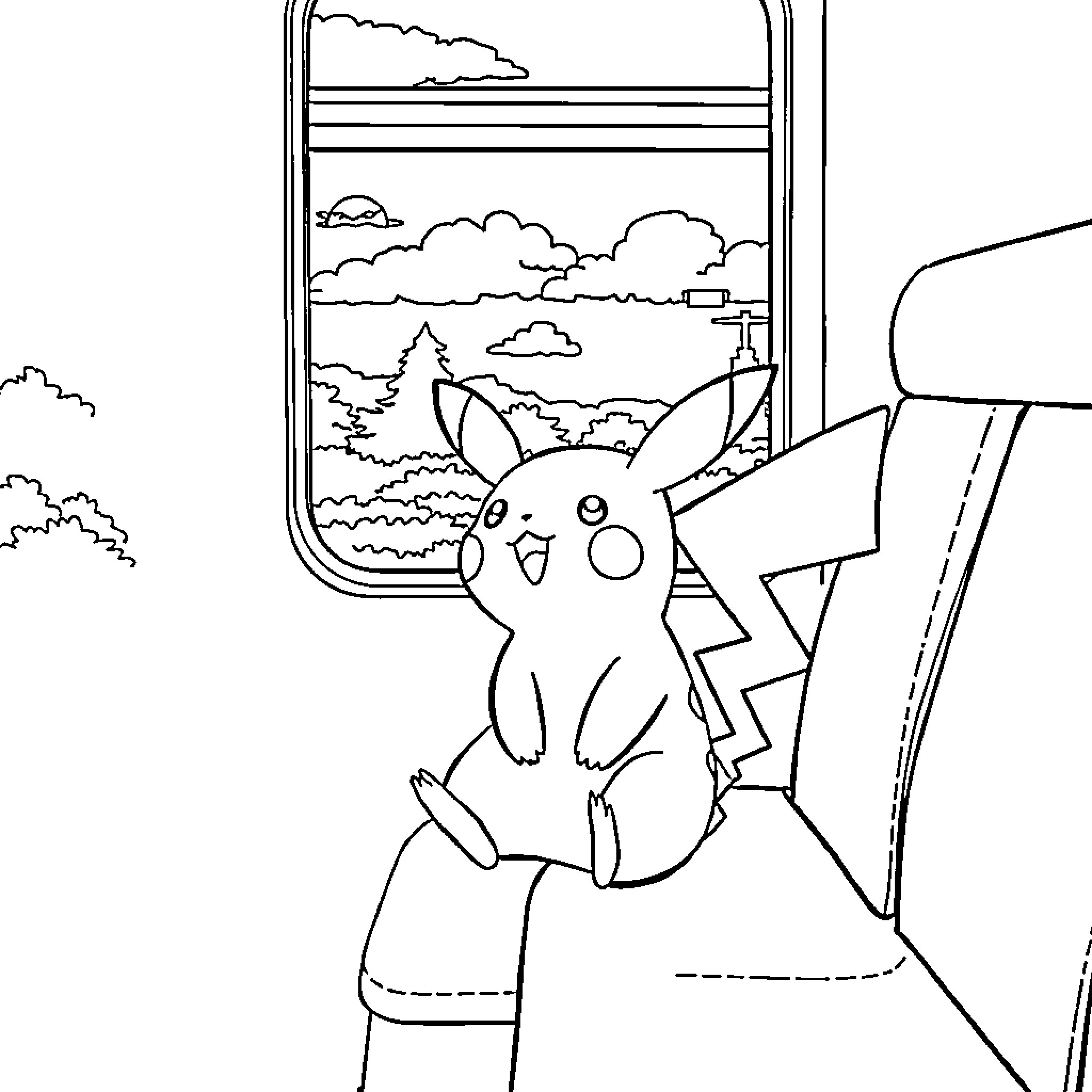Pikachu enjoying the scenic view from the window Coloring Page (free black-and-white line drawing printable PDF for all, from beginners to advanced learners, including children, teens, adults, and seniors)