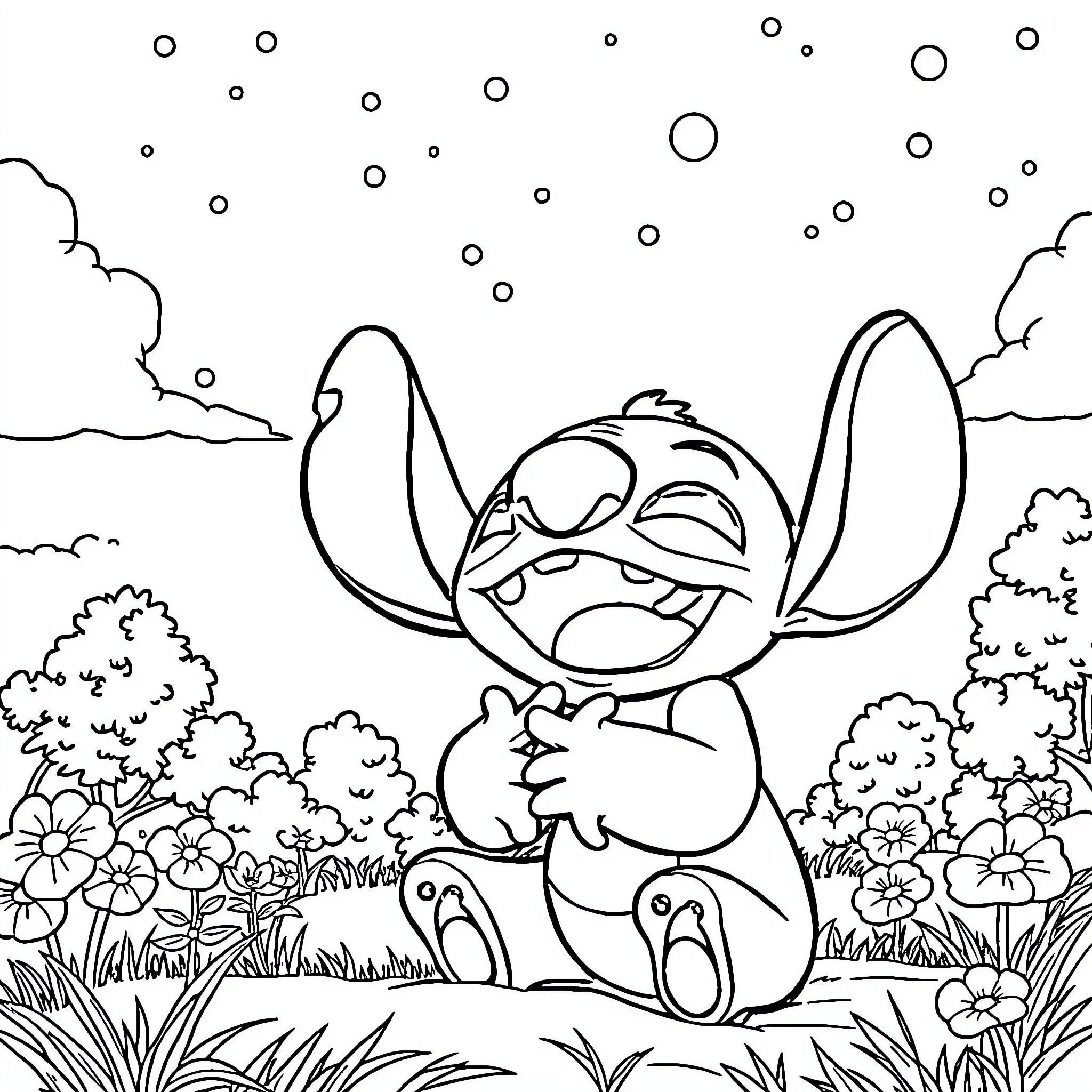 Stitch enjoying a playful day in nature Coloring Page (free black-and-white line drawing printable PDF for all, from beginners to advanced learners, including children, teens, adults, and seniors)