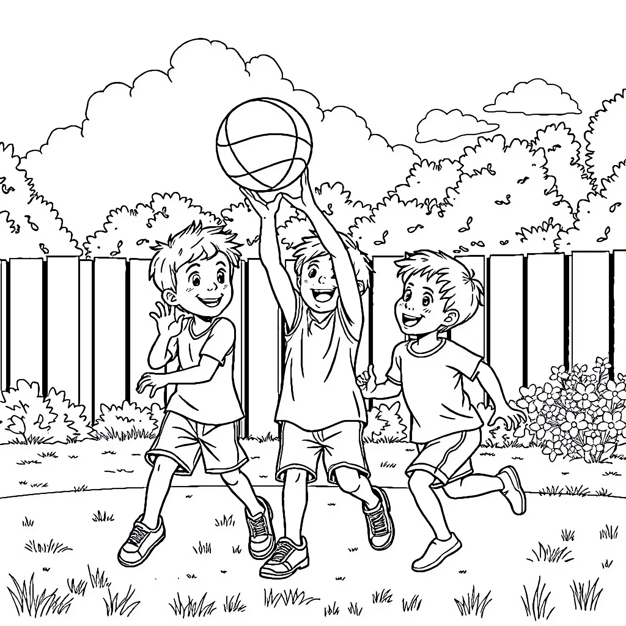 Brother's joyful outdoor basketball game Coloring Page (free black-and-white line drawing printable PDF for all, from beginners to advanced learners, including children, teens, adults, and seniors)