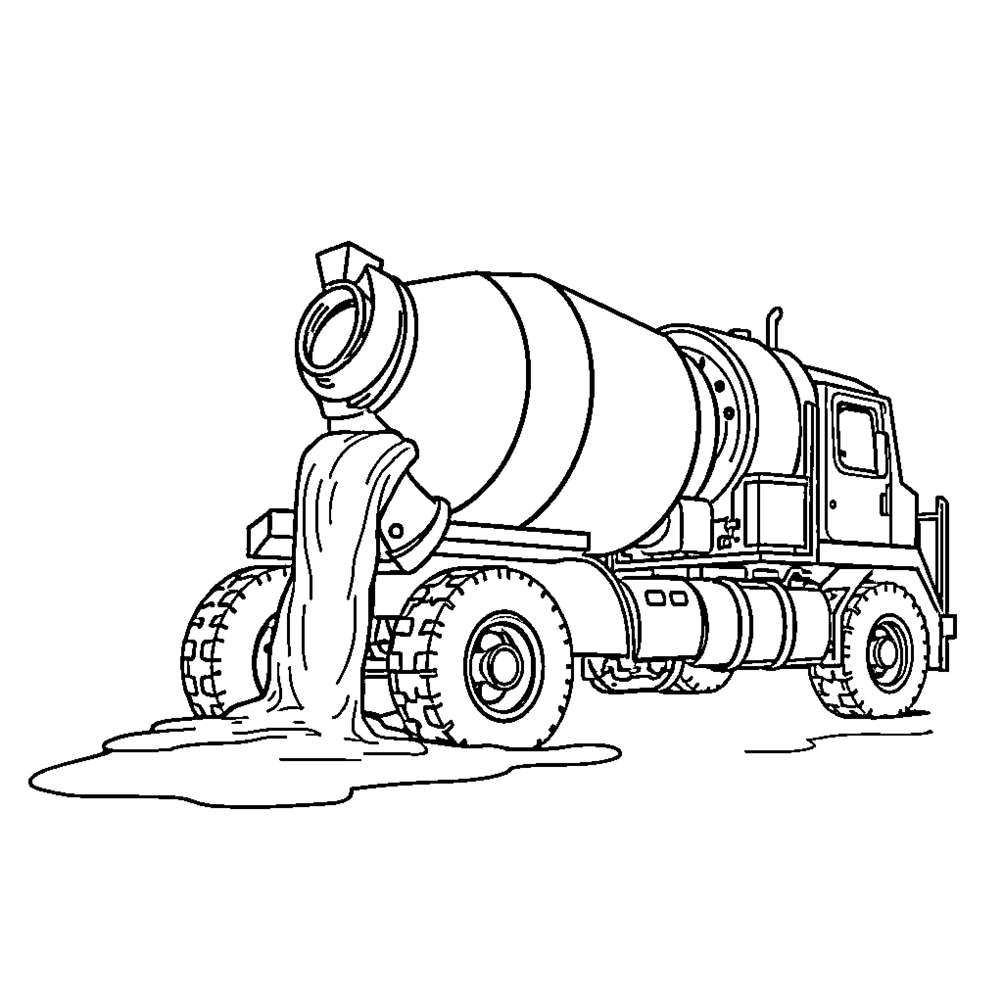 Concrete Mixer Truck on Construction Site Coloring Page (free black-and-white line drawing printable PDF for all, from beginners to advanced learners, including children, teens, adults, and seniors)
