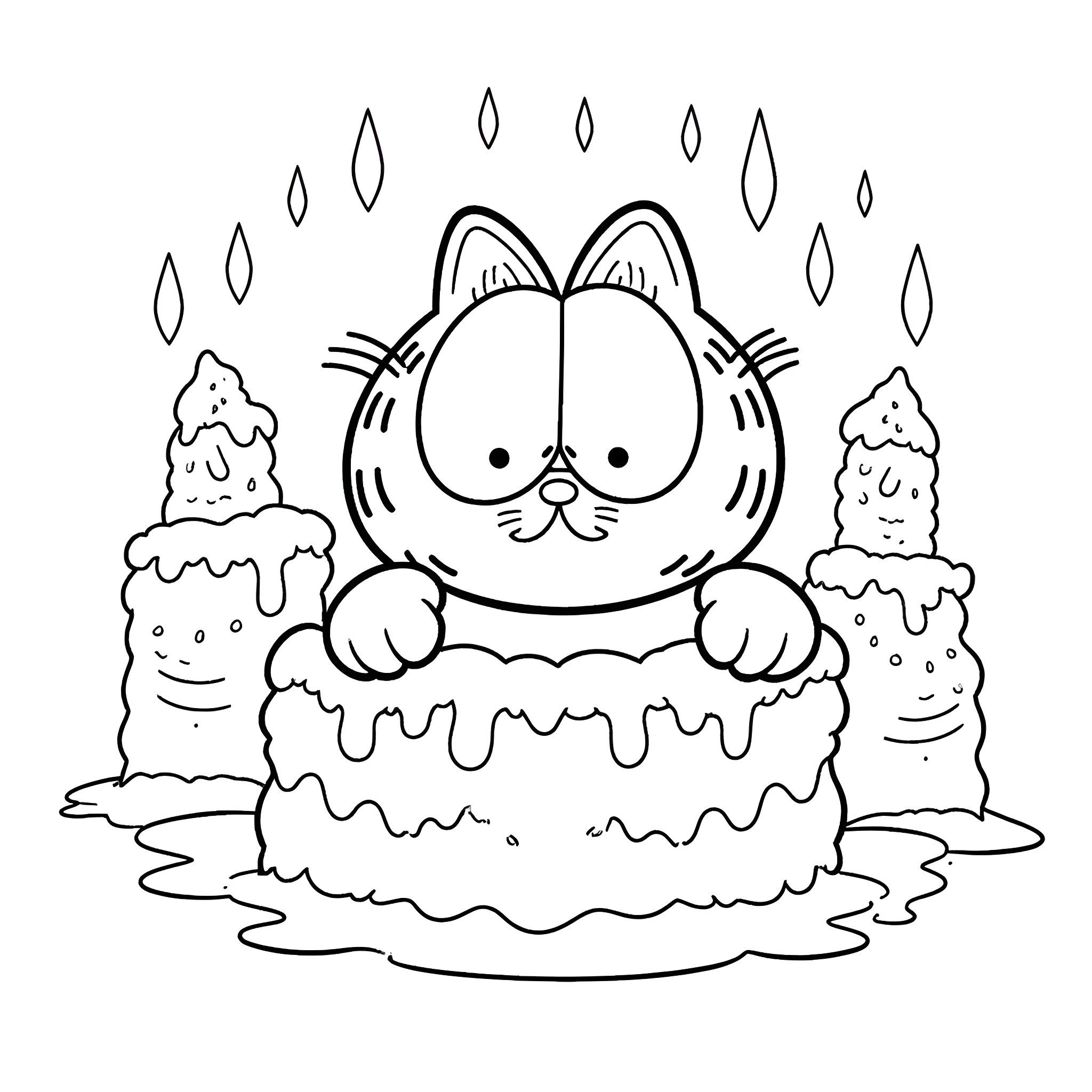 Garfield enjoying a birthday cake in the rain Coloring Page (free black-and-white line drawing printable PDF for all, from beginners to advanced learners, including children, teens, adults, and seniors)