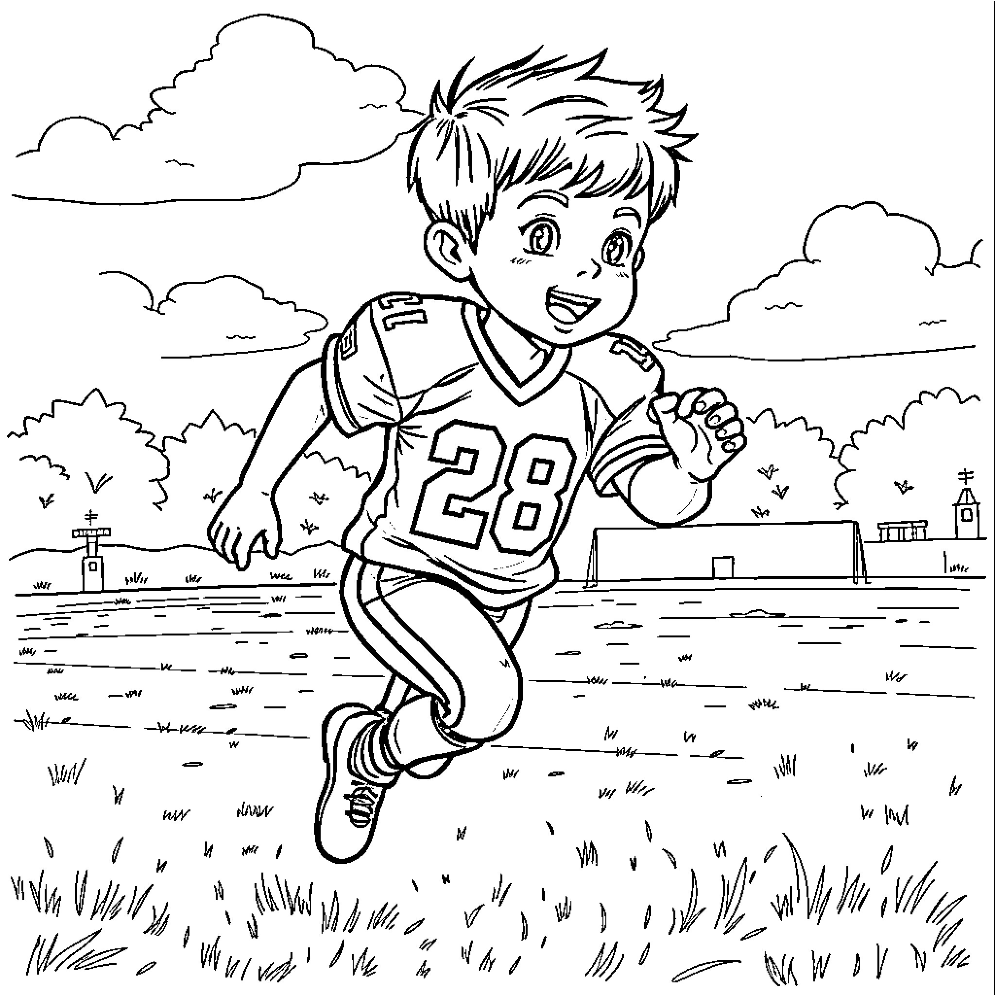 Football Player Running on the Field Coloring Page (free black-and-white line drawing printable PDF for all, from beginners to advanced learners, including children, teens, adults, and seniors)