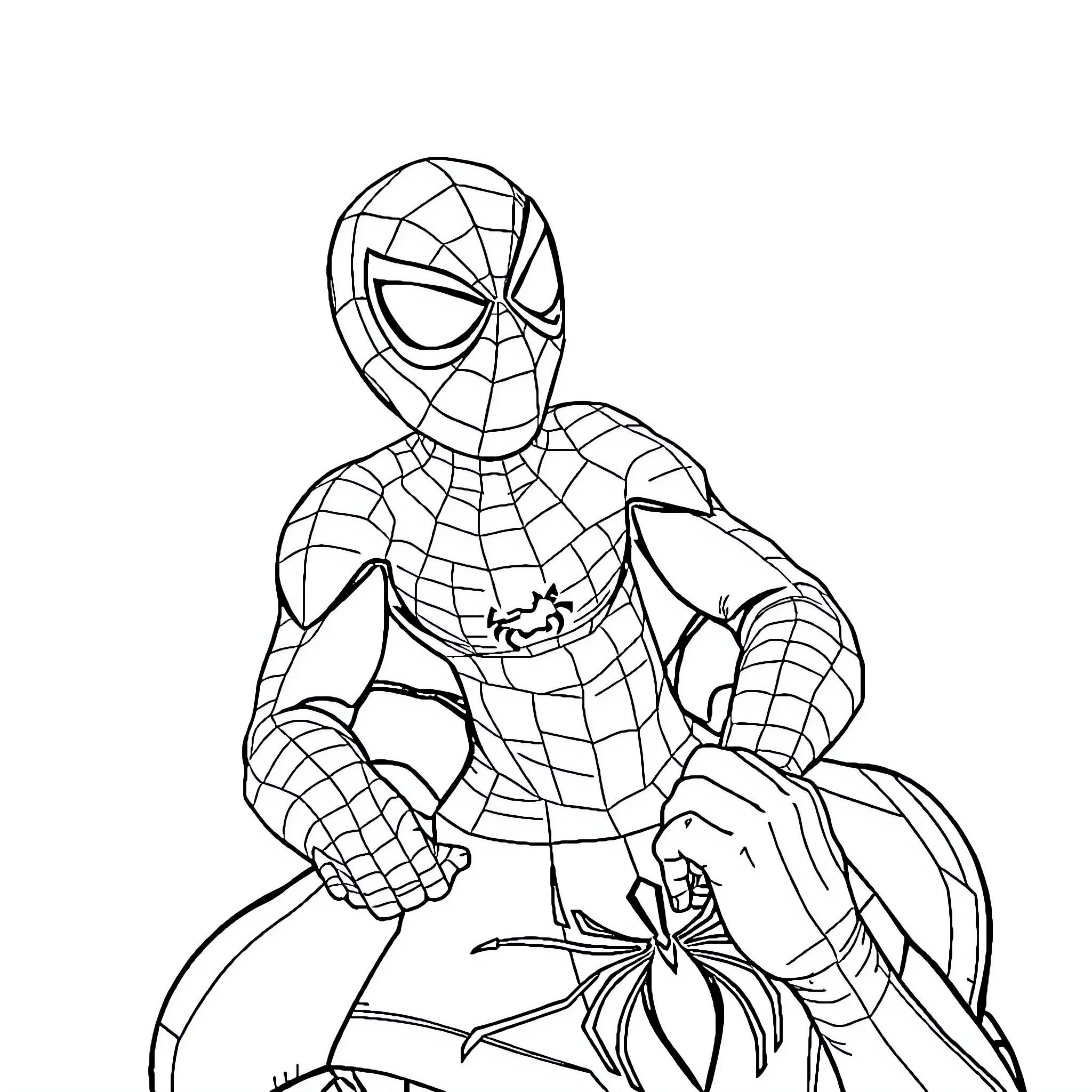 Spiderman in heroic pose with web-like suit Coloring Page (free black-and-white line drawing printable PDF for all, from beginners to advanced learners, including children, teens, adults, and seniors)