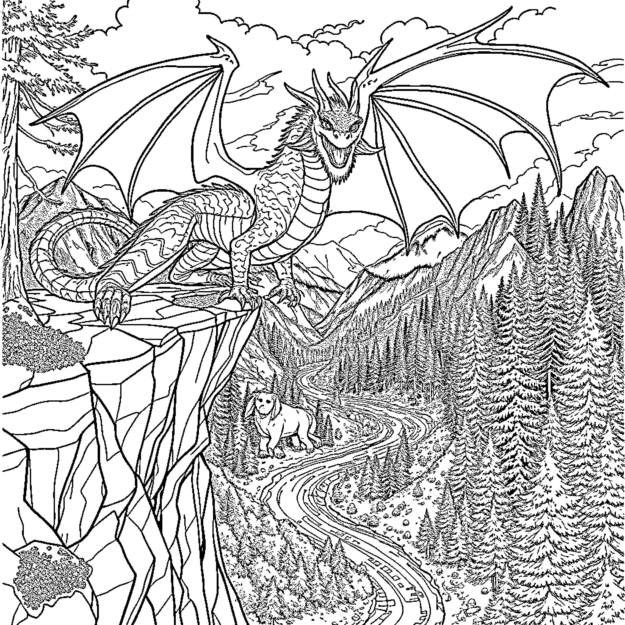 Dragon Soaring Over Enchanted Mountain Landscape Coloring Page (free black-and-white line drawing printable PDF for all, from beginners to advanced learners, including children, teens, adults, and seniors)