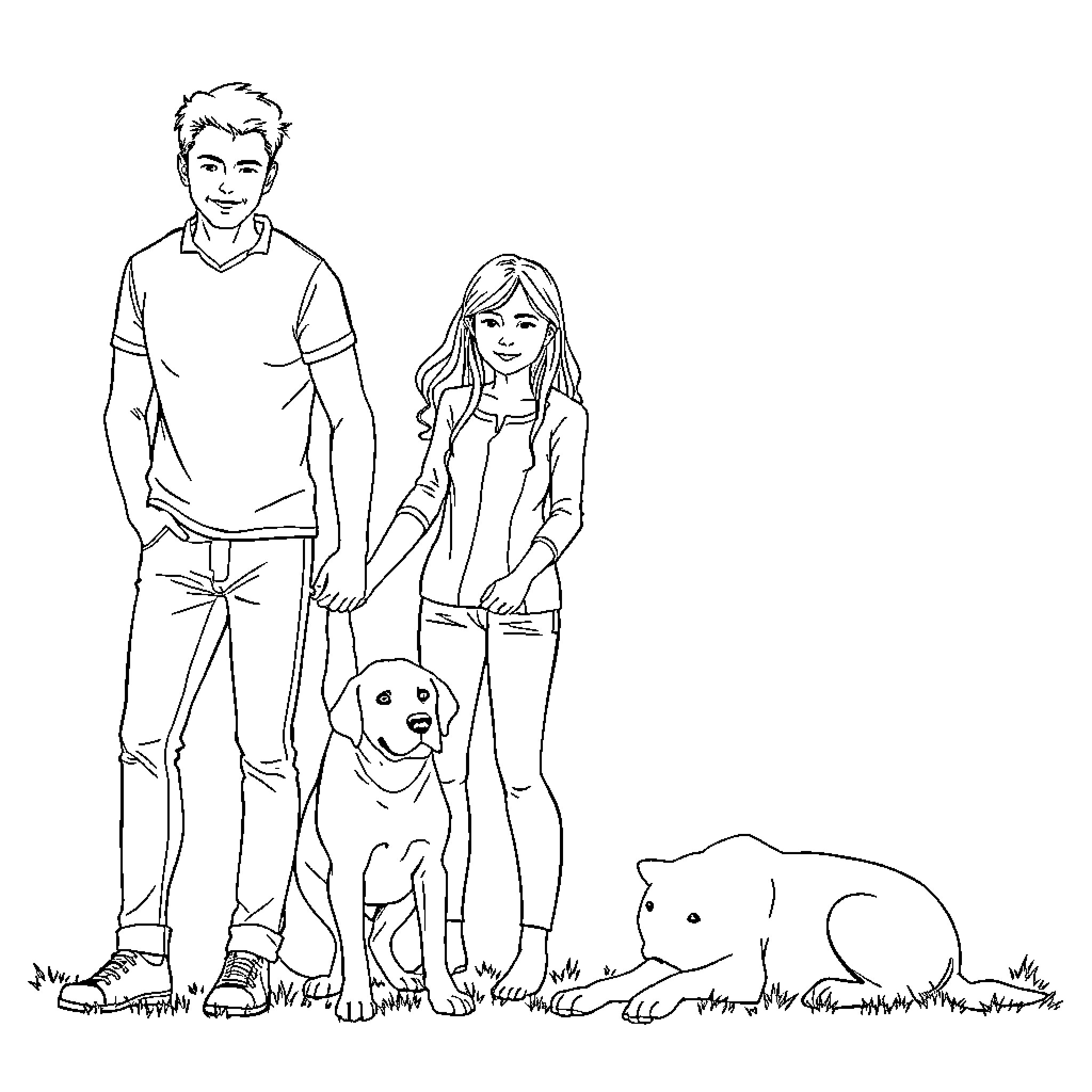 Family Enjoying a Walk with Their Pets Coloring Page (free black-and-white line drawing printable PDF for all, from beginners to advanced learners, including children, teens, adults, and seniors)