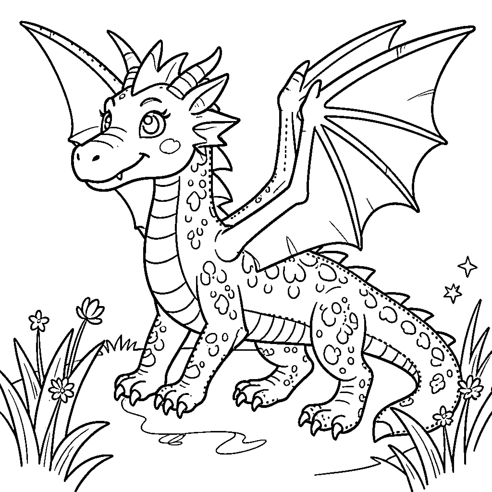 Dragon Flying Happily in Magical Forest Coloring Page (free black-and-white line drawing printable PDF for all, from beginners to advanced learners, including children, teens, adults, and seniors)