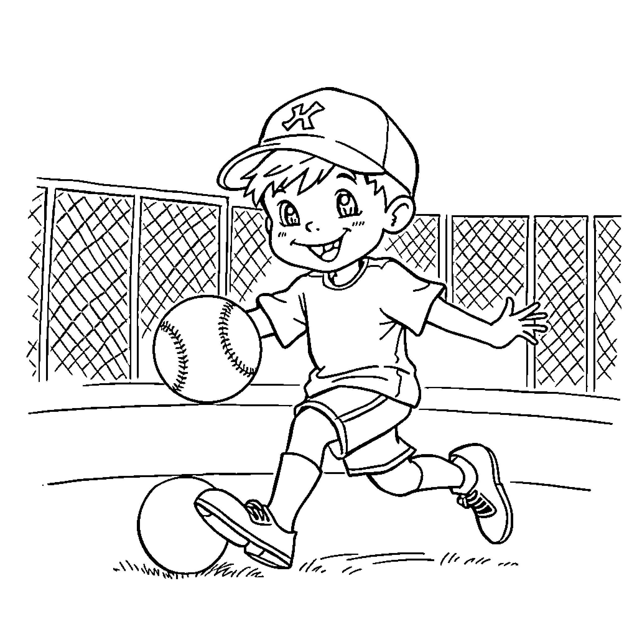 Boy playing baseball on the field Coloring Page (free black-and-white line drawing printable PDF for all, from beginners to advanced learners, including children, teens, adults, and seniors)