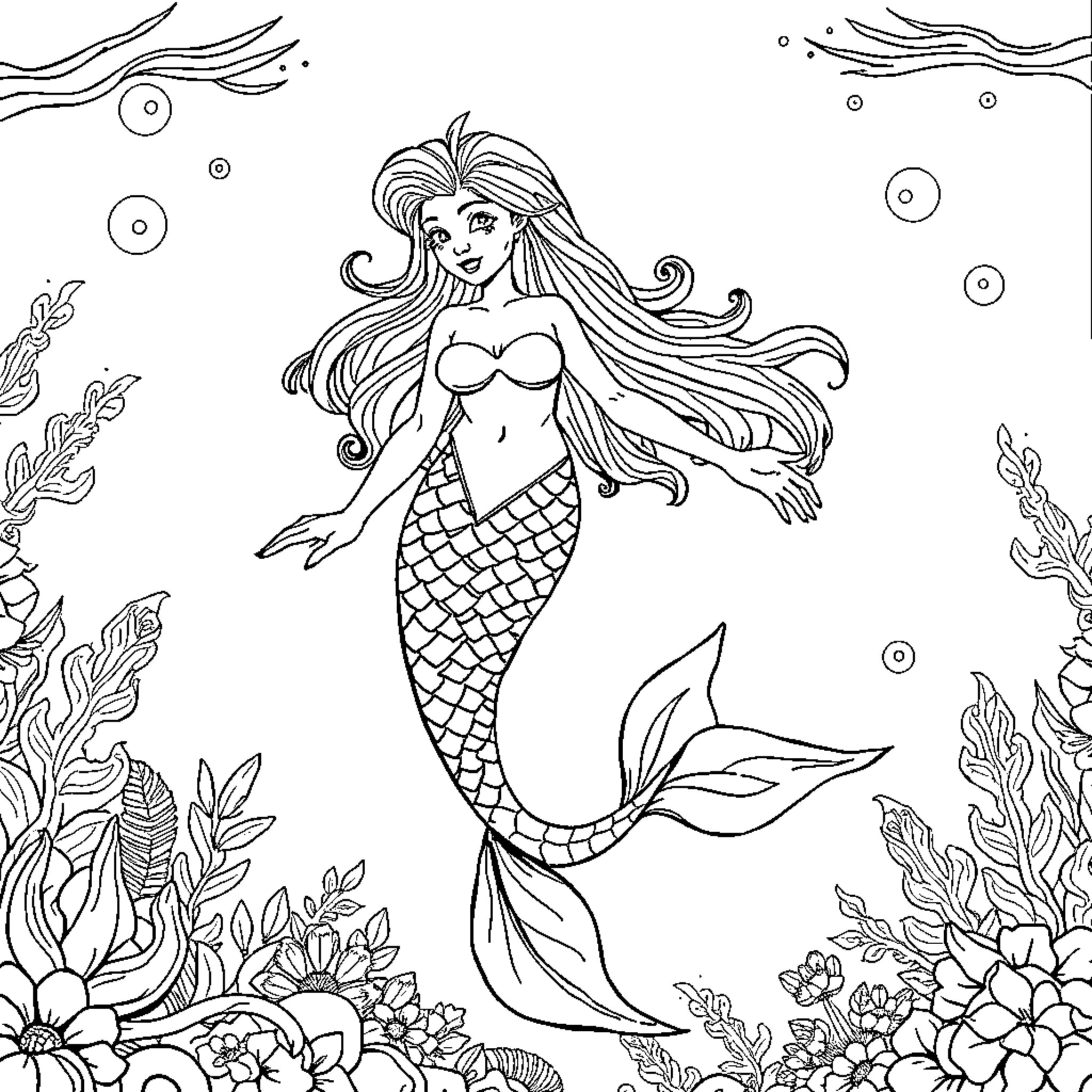 Sirena, the Enchanting Mermaid Amidst the Underwater Realm Coloring Page (free black-and-white line drawing printable PDF for all, from beginners to advanced learners, including children, teens, adults, and seniors)