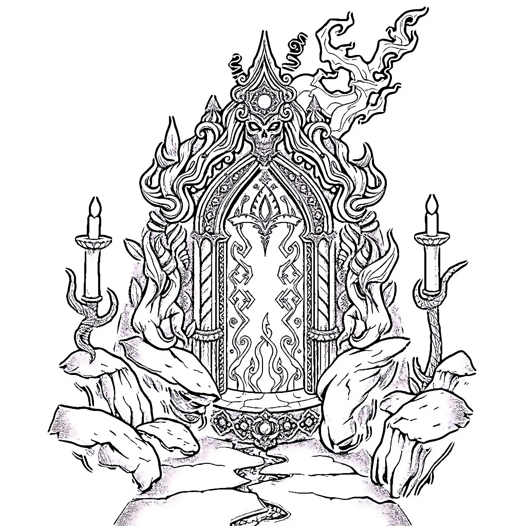 Portal to a Mystical Realm of Flames and Intricate Design Coloring Page (free black-and-white line drawing printable PDF for all, from beginners to advanced learners, including children, teens, adults, and seniors)