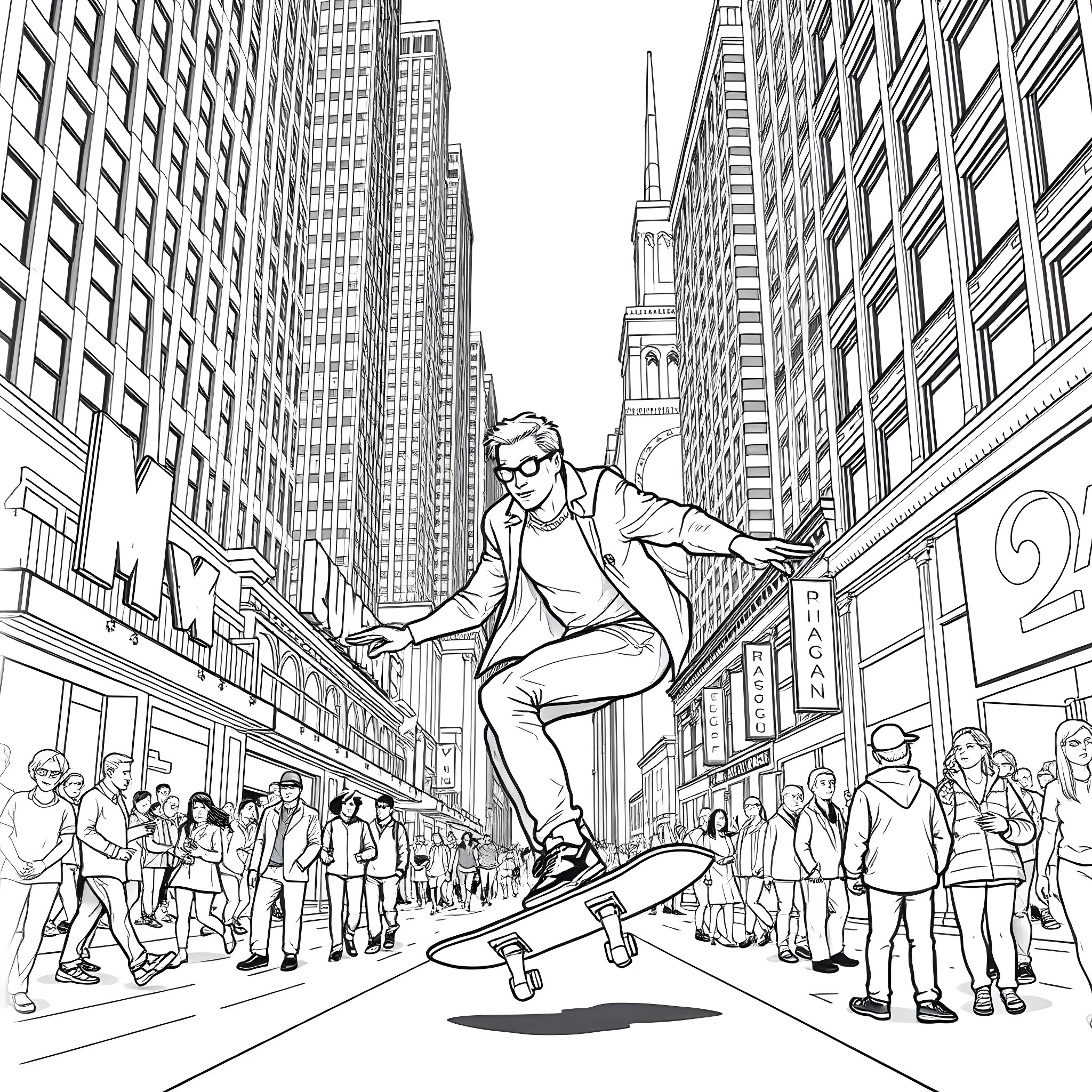 Gambit: Urban Skateboarder's Thrilling Ride Through City Streets Coloring Page (free black-and-white line drawing printable PDF for all, from beginners to advanced learners, including children, teens, adults, and seniors)