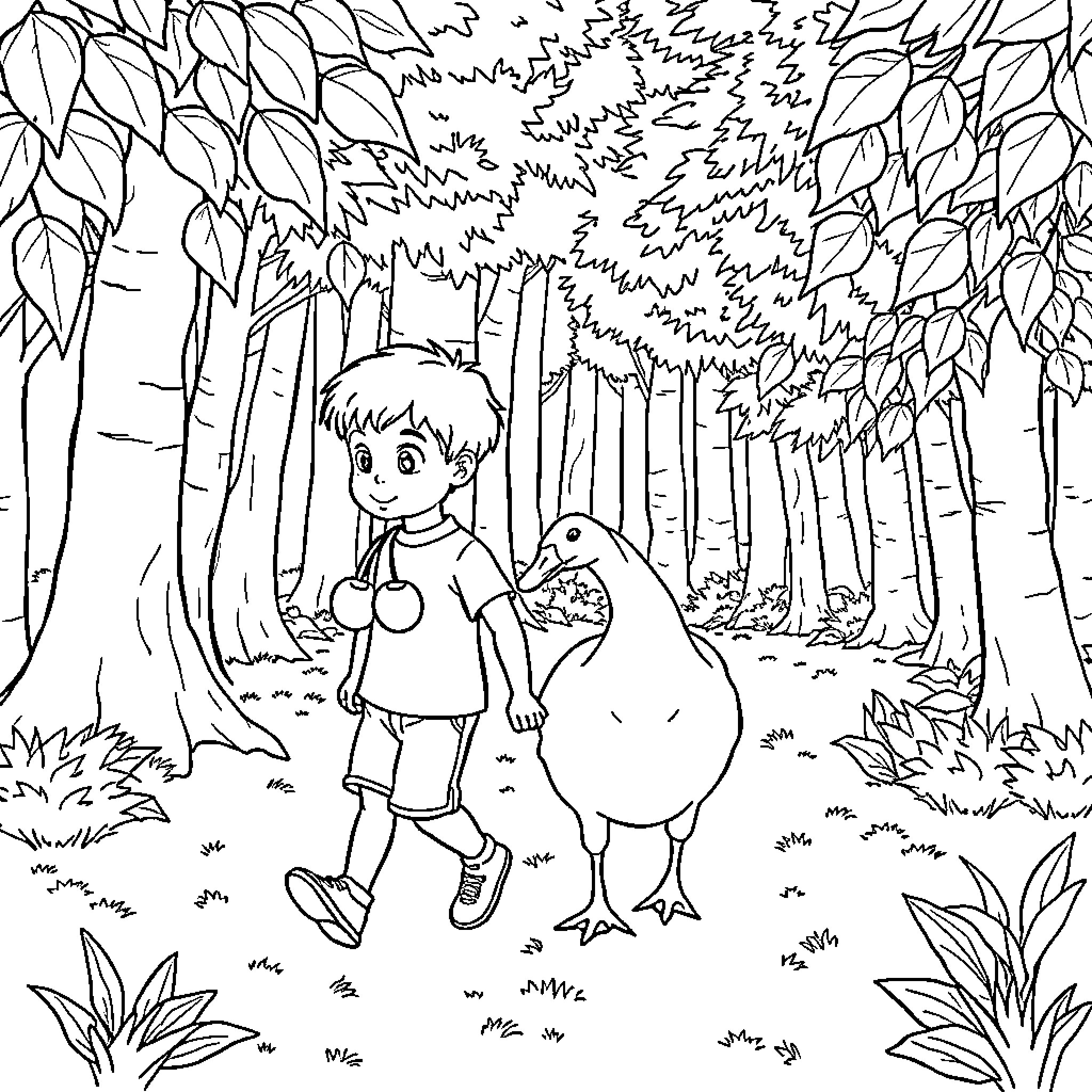 Boy and his duck friend explore the forest Coloring Page (free black-and-white line drawing printable PDF for all, from beginners to advanced learners, including children, teens, adults, and seniors)