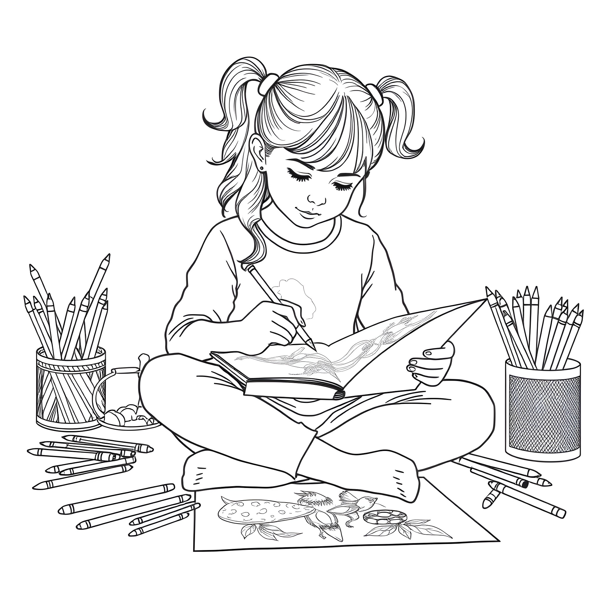 Girl Focused on Coloring Book and Pencils Coloring Page (free black-and-white line drawing printable PDF for all, from beginners to advanced learners, including children, teens, adults, and seniors)