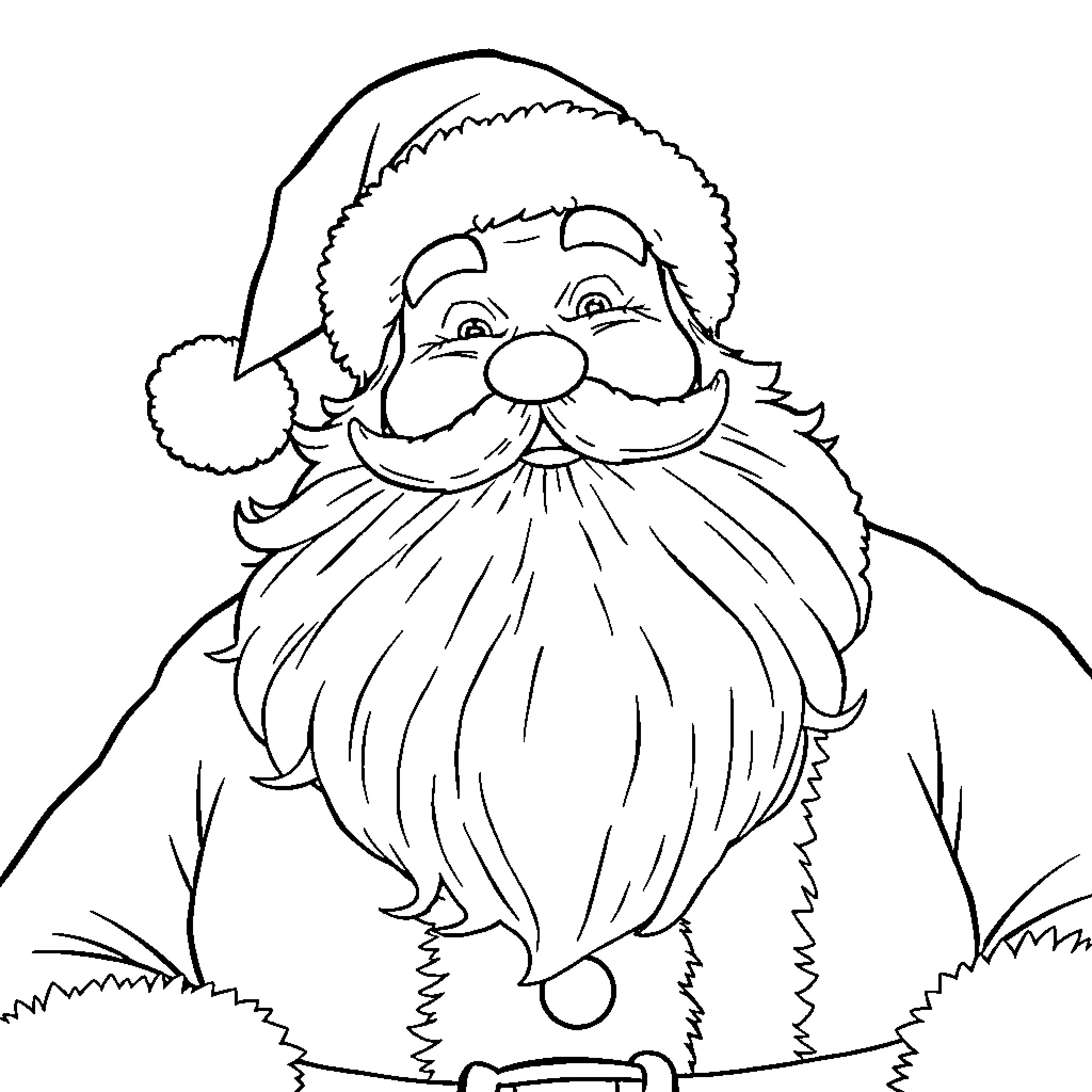 Santa's Jolly Face and Warm Outfit Coloring Page (free black-and-white line drawing printable PDF for all, from beginners to advanced learners, including children, teens, adults, and seniors)