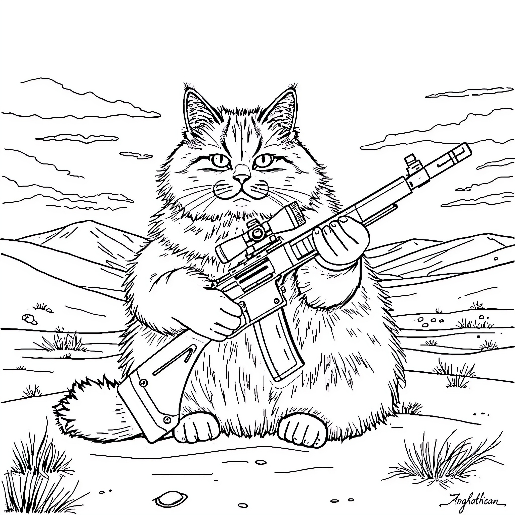 Cat Warrior with Firearm in Mountainous Landscape Coloring Page (free black-and-white line drawing printable PDF for all, from beginners to advanced learners, including children, teens, adults, and seniors)