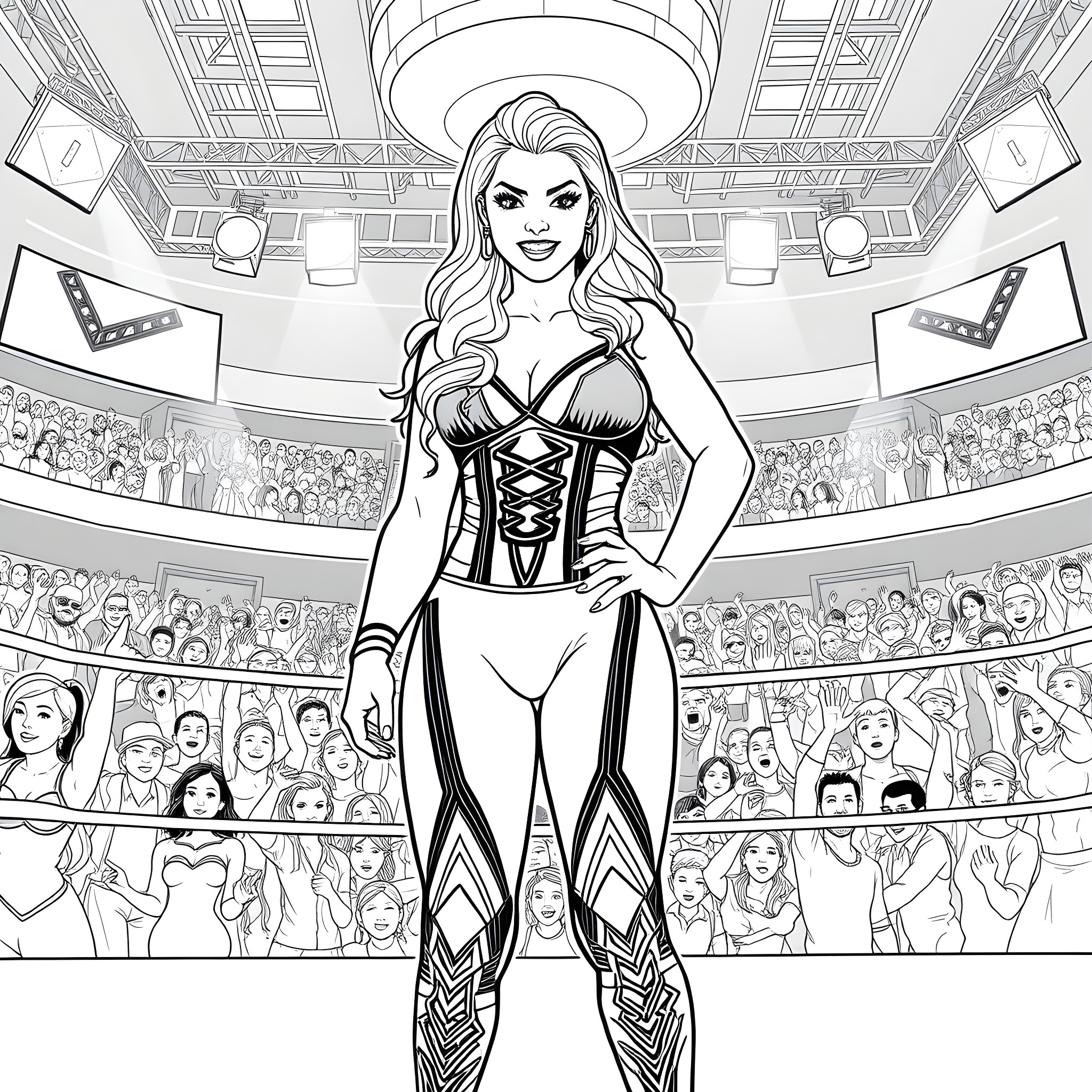 Alexa Bliss Performing in a Wrestling Arena Coloring Page (free black-and-white line drawing printable PDF for all, from beginners to advanced learners, including children, teens, adults, and seniors)