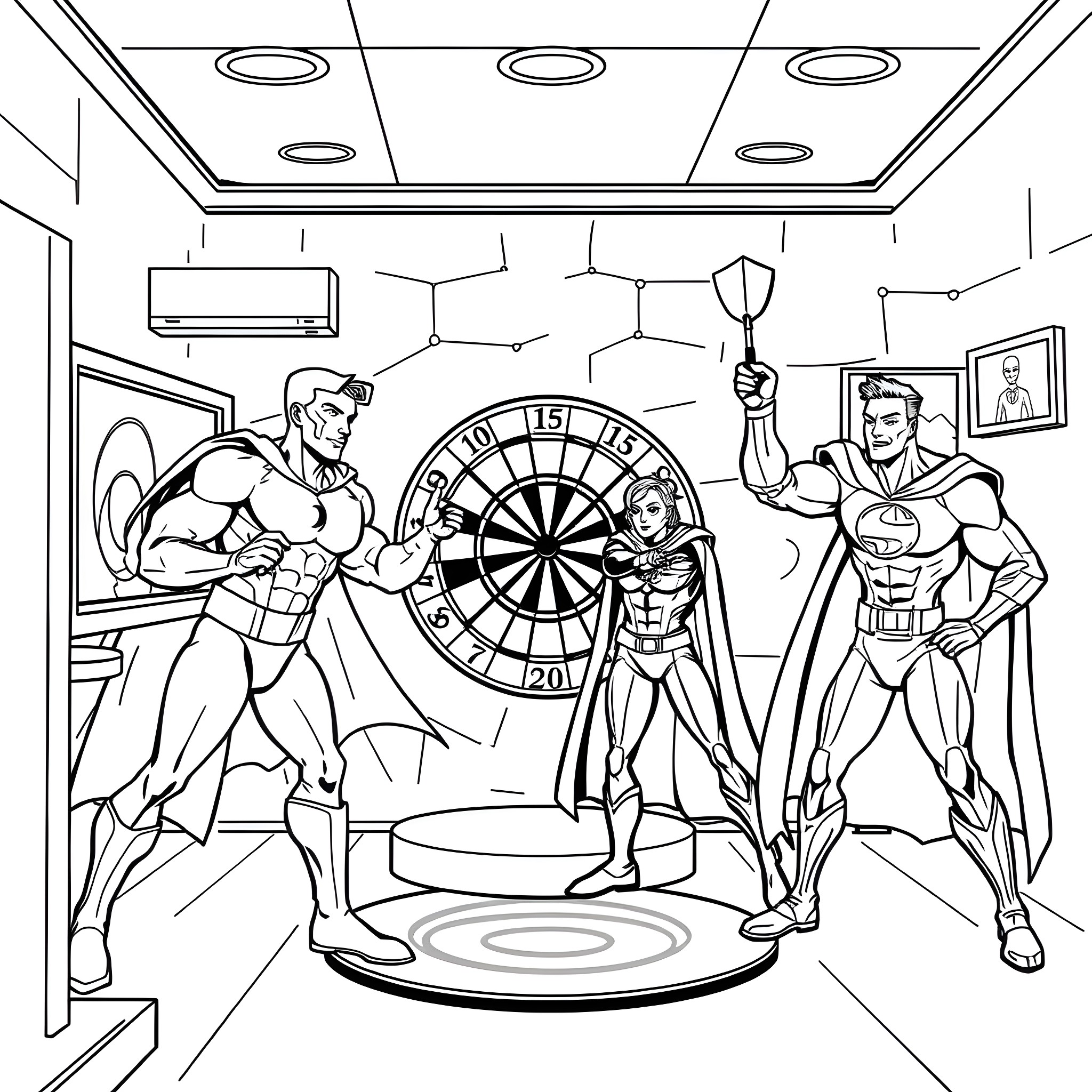 Superheroes competing in darts match Coloring Page (free black-and-white line drawing printable PDF for all, from beginners to advanced learners, including children, teens, adults, and seniors)