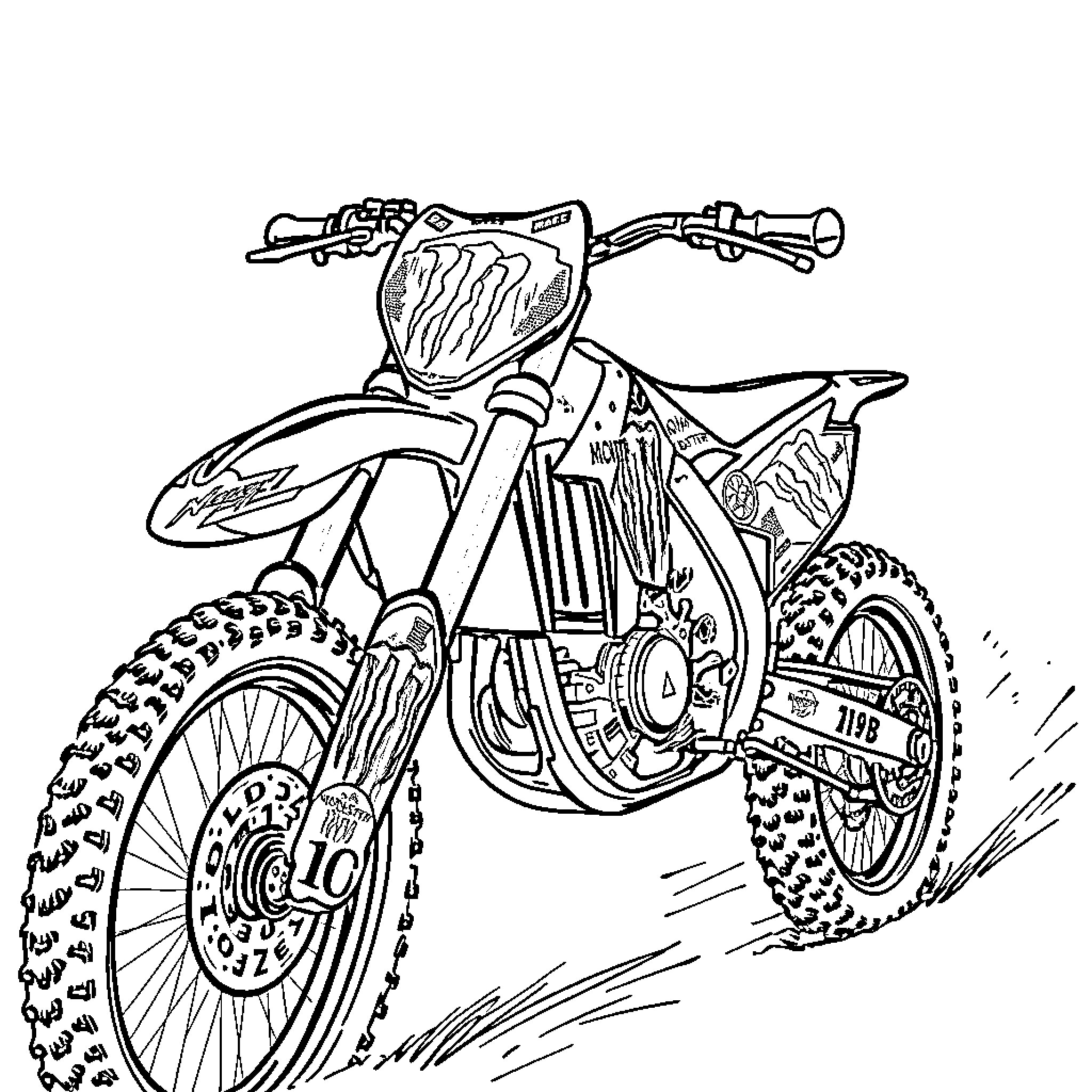 Dirt Bike Racing through Rugged Terrain Coloring Page (free black-and-white line drawing printable PDF for all, from beginners to advanced learners, including children, teens, adults, and seniors)