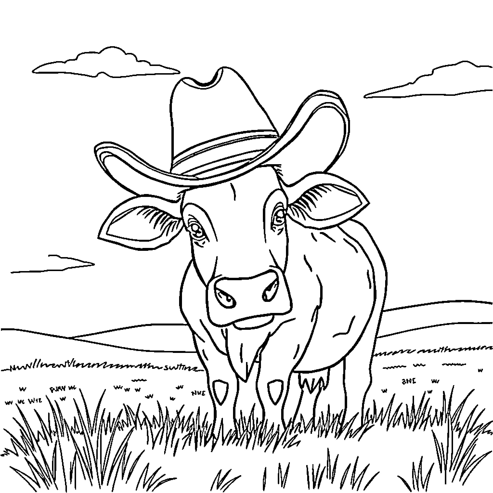 Cow wearing a cowboy hat in a grassy field Coloring Page (free black-and-white line drawing printable PDF for all, from beginners to advanced learners, including children, teens, adults, and seniors)