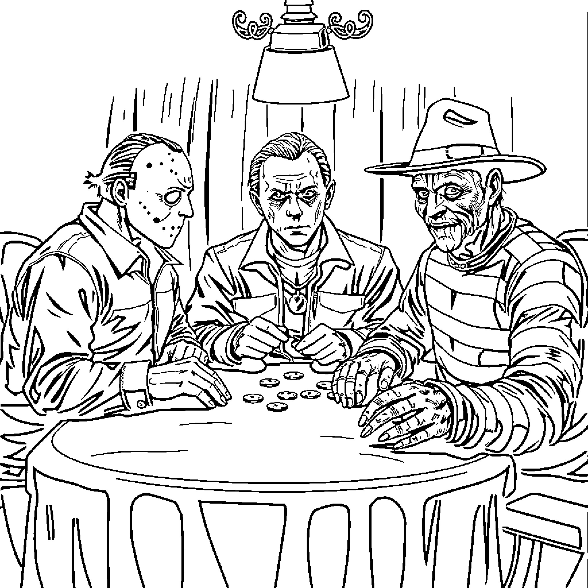 Horror Characters Gambling at a Shadowy Table Coloring Page (free black-and-white line drawing printable PDF for all, from beginners to advanced learners, including children, teens, adults, and seniors)