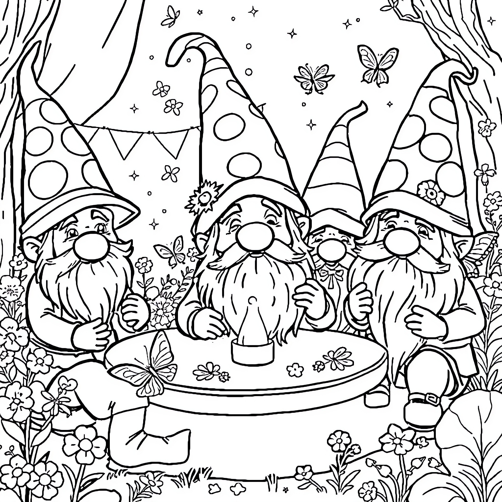 Gnomes enjoying a magical garden party Coloring Page (free black-and-white line drawing printable PDF for all, from beginners to advanced learners, including children, teens, adults, and seniors)