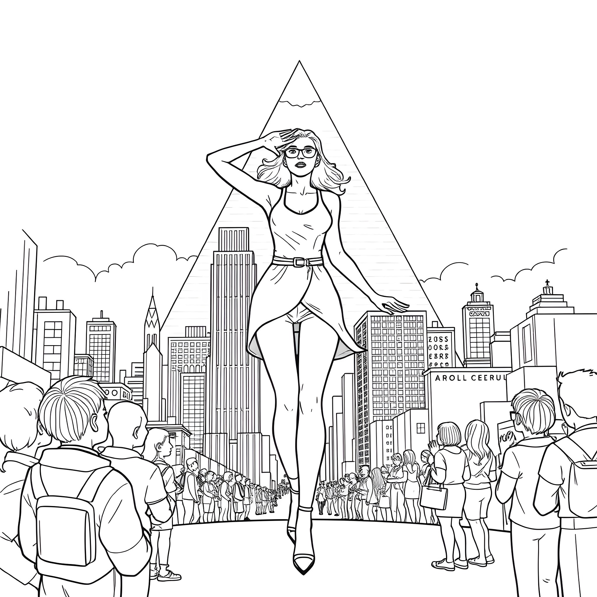 Karol G performing in front of a city skyline Coloring Page (free black-and-white line drawing printable PDF for all, from beginners to advanced learners, including children, teens, adults, and seniors)