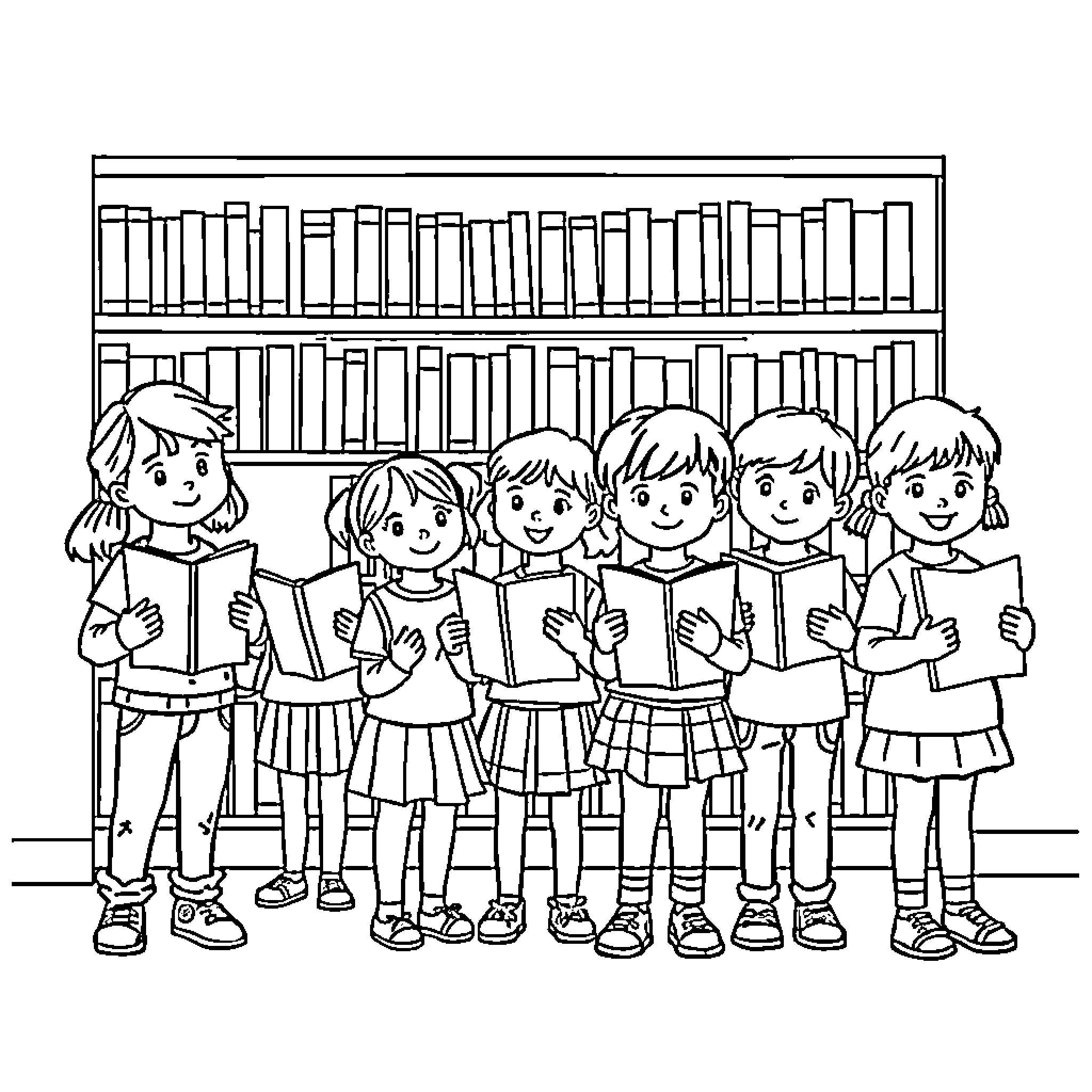 Students reading books in the library Coloring Page (free black-and-white line drawing printable PDF for all, from beginners to advanced learners, including children, teens, adults, and seniors)