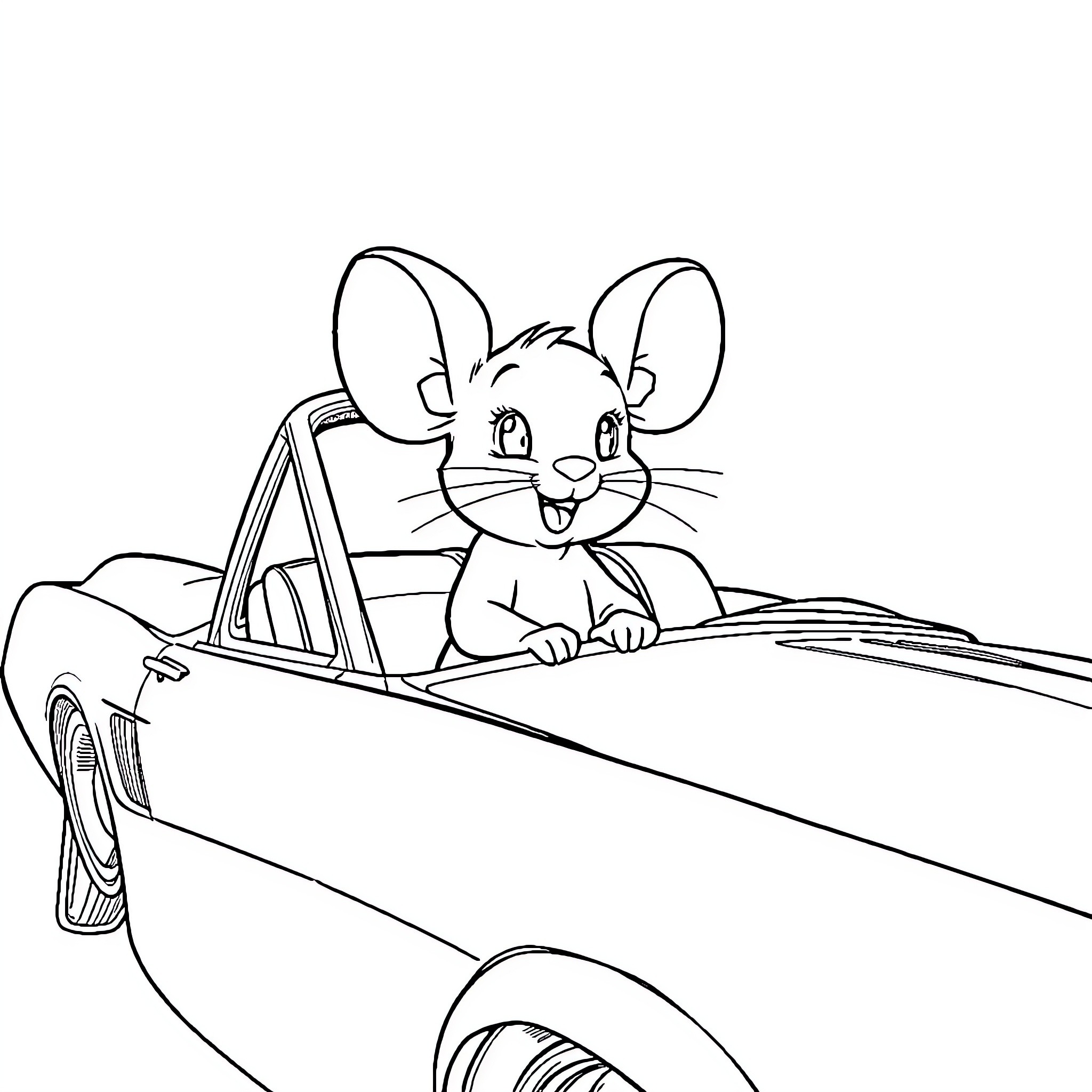 Mini Mouse drives a stylish convertible car Coloring Page (free black-and-white line drawing printable PDF for all, from beginners to advanced learners, including children, teens, adults, and seniors)