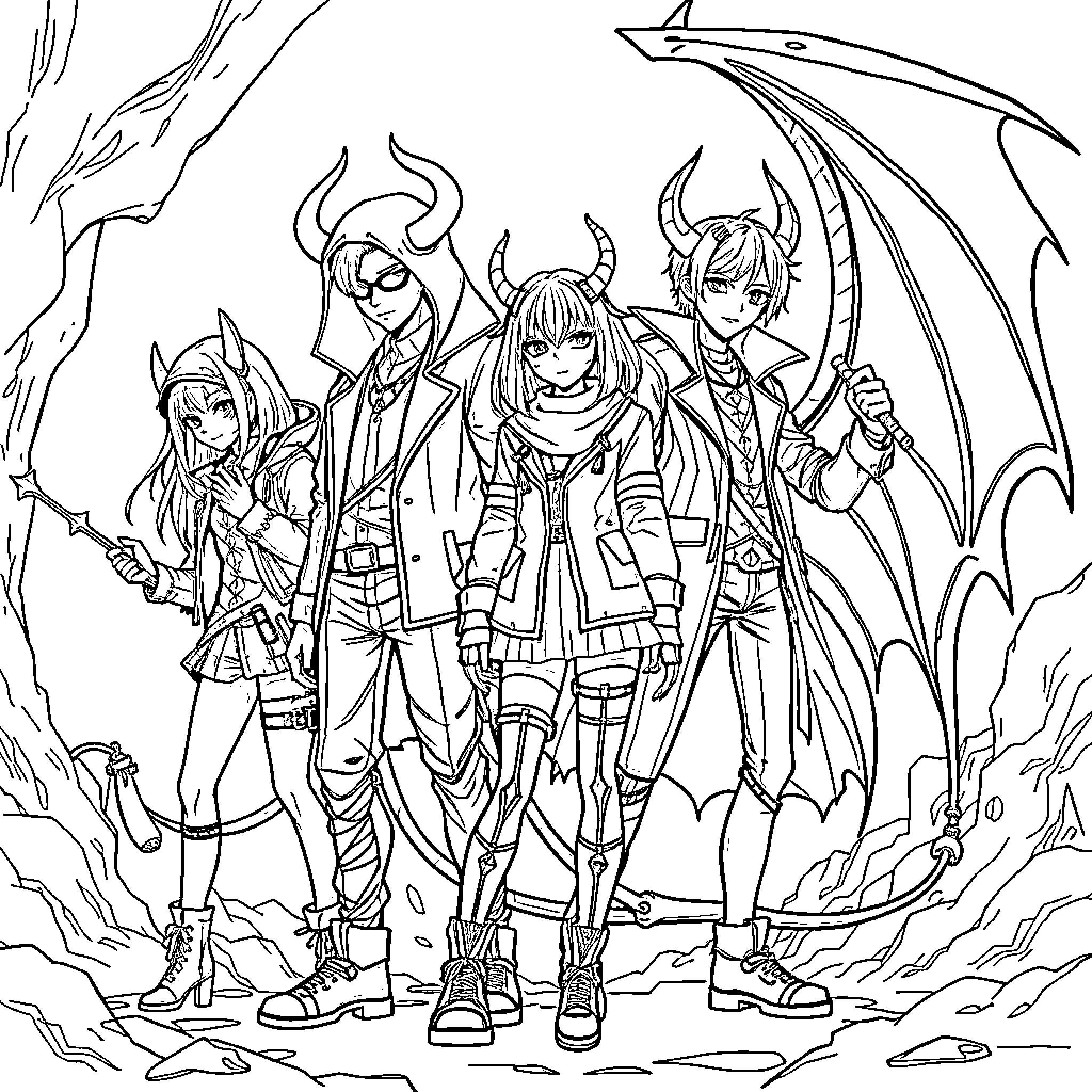 Demon Hunters in Heroic Pose Coloring Page (free black-and-white line drawing printable PDF for all, from beginners to advanced learners, including children, teens, adults, and seniors)
