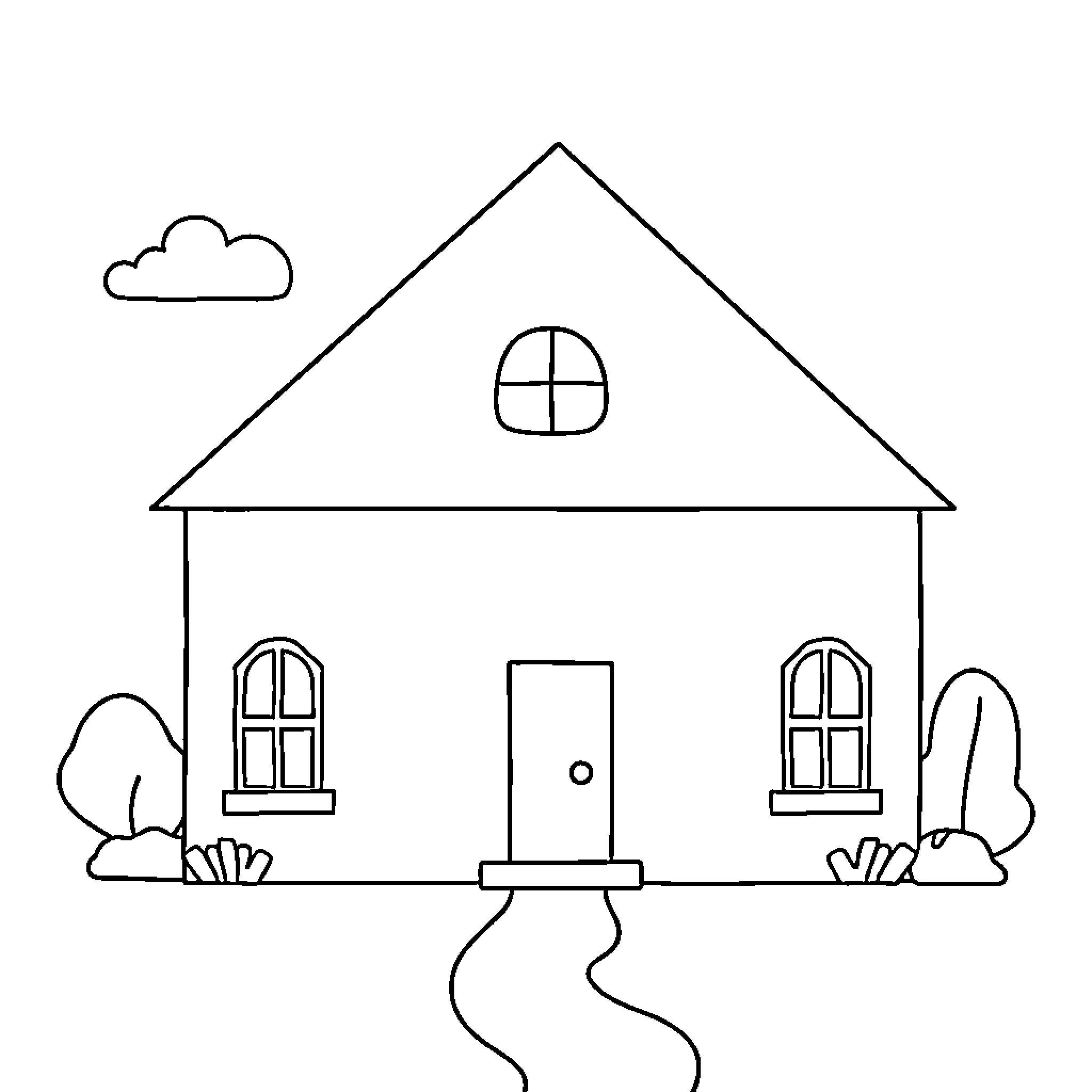 House with Simple Line Drawing of Exterior Coloring Page (free black-and-white line drawing printable PDF for all, from beginners to advanced learners, including children, teens, adults, and seniors)