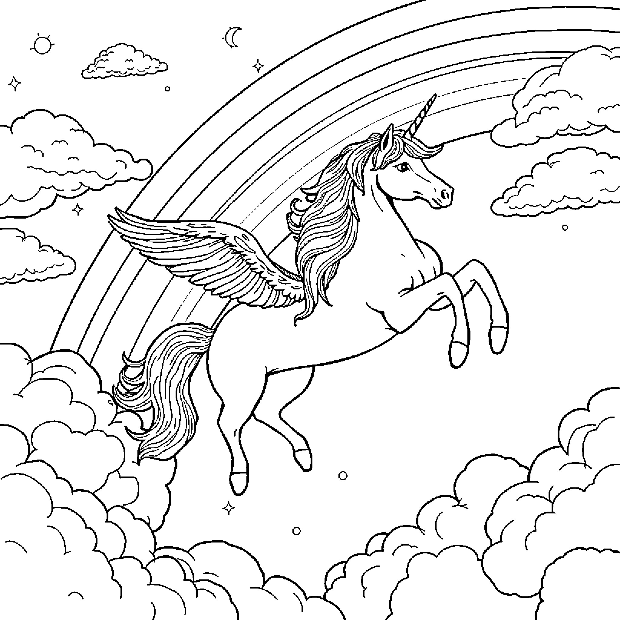 Unicorn soaring through majestic skies with rainbow Coloring Page (free black-and-white line drawing printable PDF for all, from beginners to advanced learners, including children, teens, adults, and seniors)