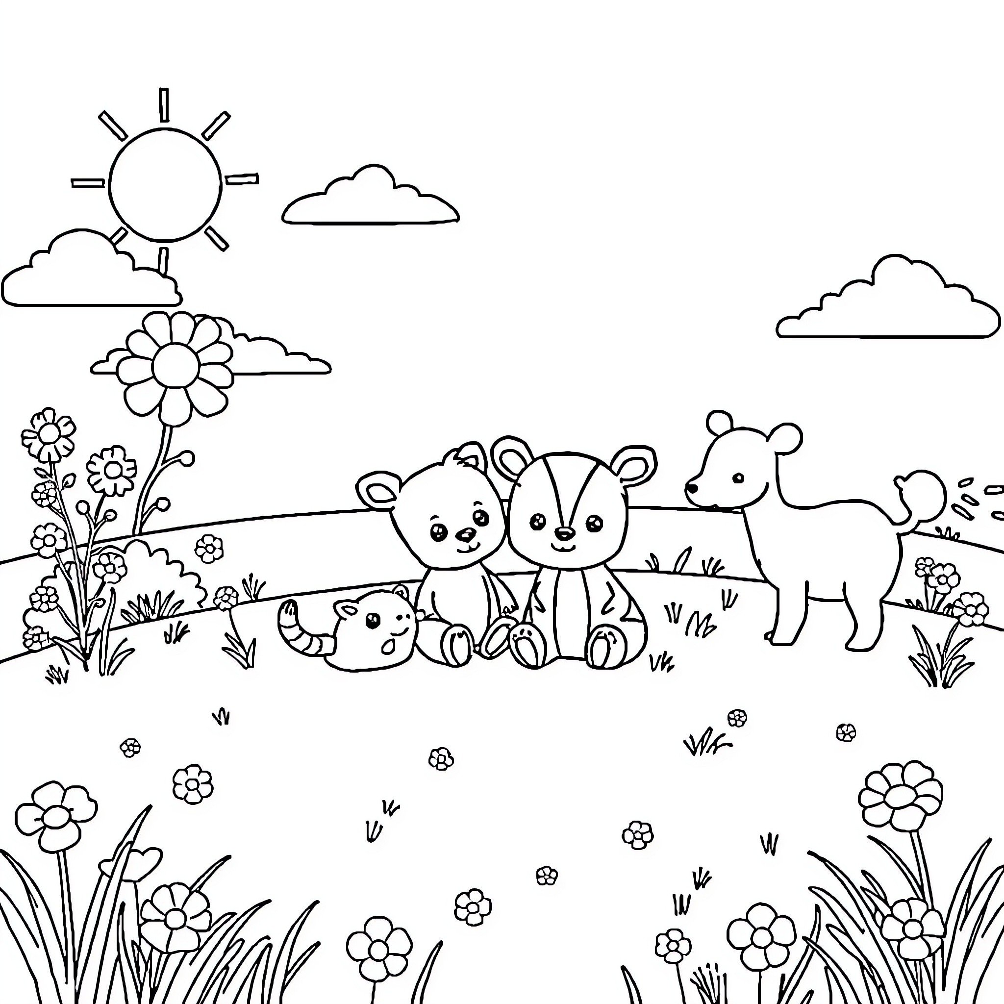 Animal friends enjoying nature outdoors Coloring Page (free black-and-white line drawing printable PDF for all, from beginners to advanced learners, including children, teens, adults, and seniors)