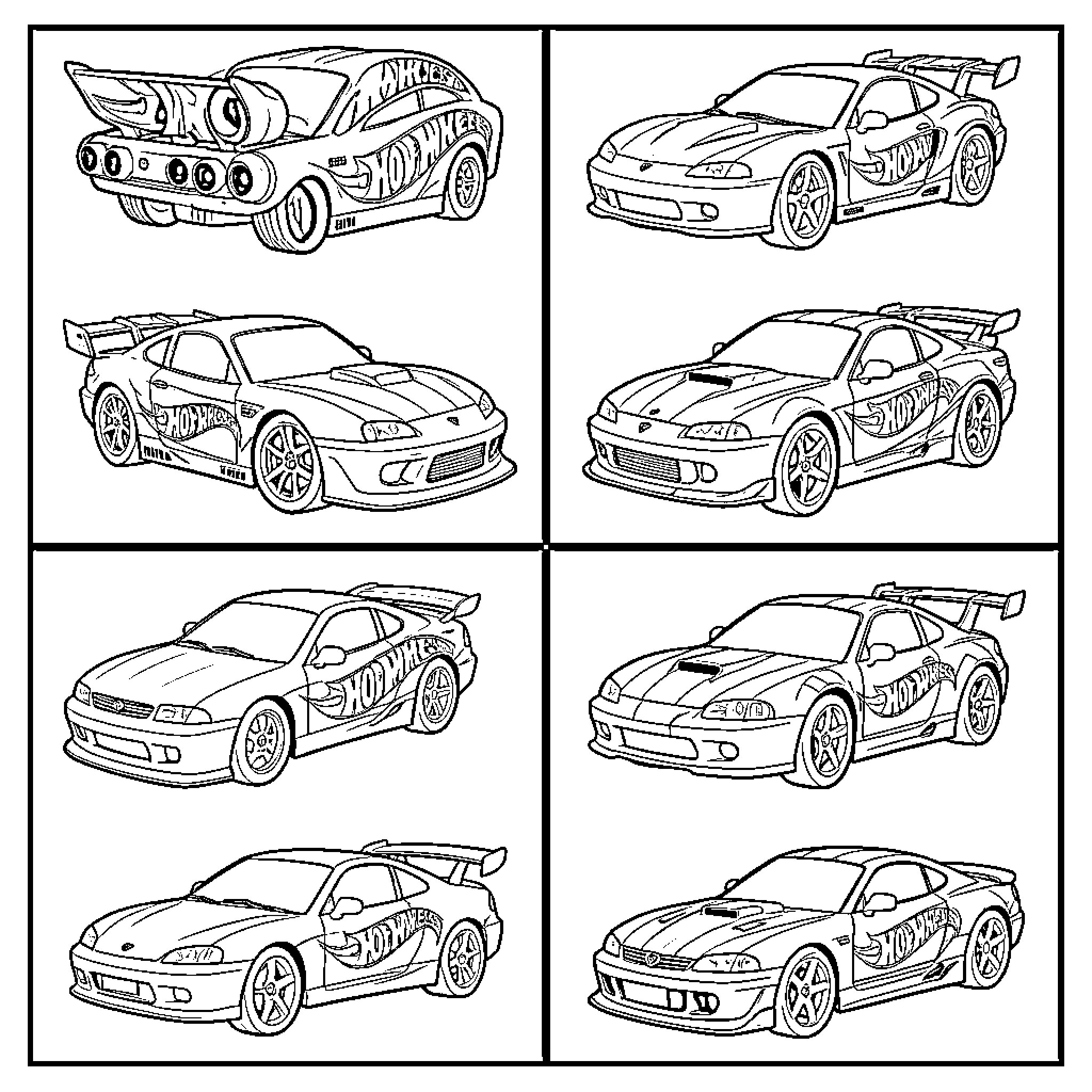 Hot Wheels racing cars in various dynamic poses Coloring Page (free black-and-white line drawing printable PDF for all, from beginners to advanced learners, including children, teens, adults, and seniors)