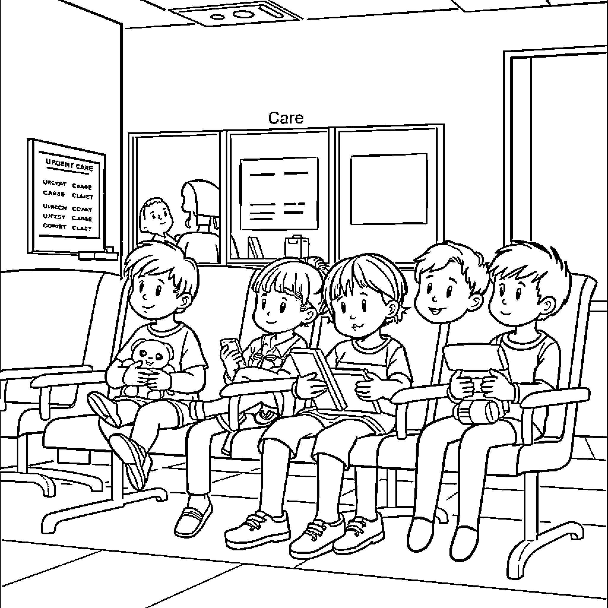 Kid group at care clinic waiting area Coloring Page (free black-and-white line drawing printable PDF for all, from beginners to advanced learners, including children, teens, adults, and seniors)