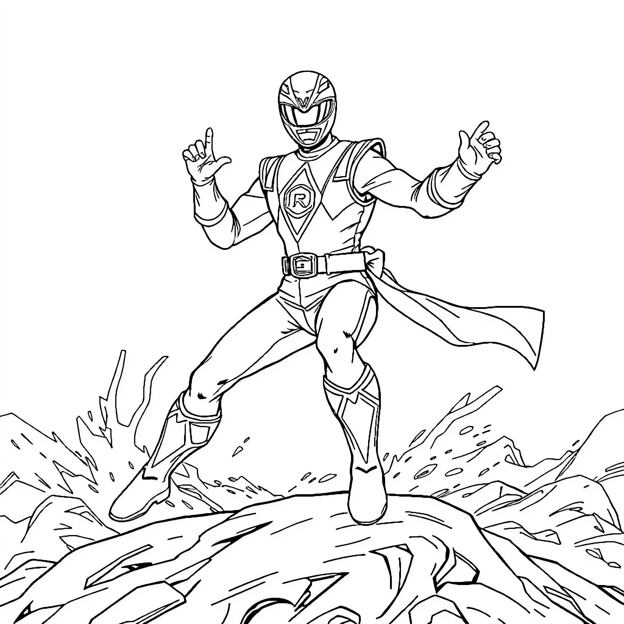 Power Ranger Heroic Pose in Dramatic Scene Coloring Page (free black-and-white line drawing printable PDF for all, from beginners to advanced learners, including children, teens, adults, and seniors)