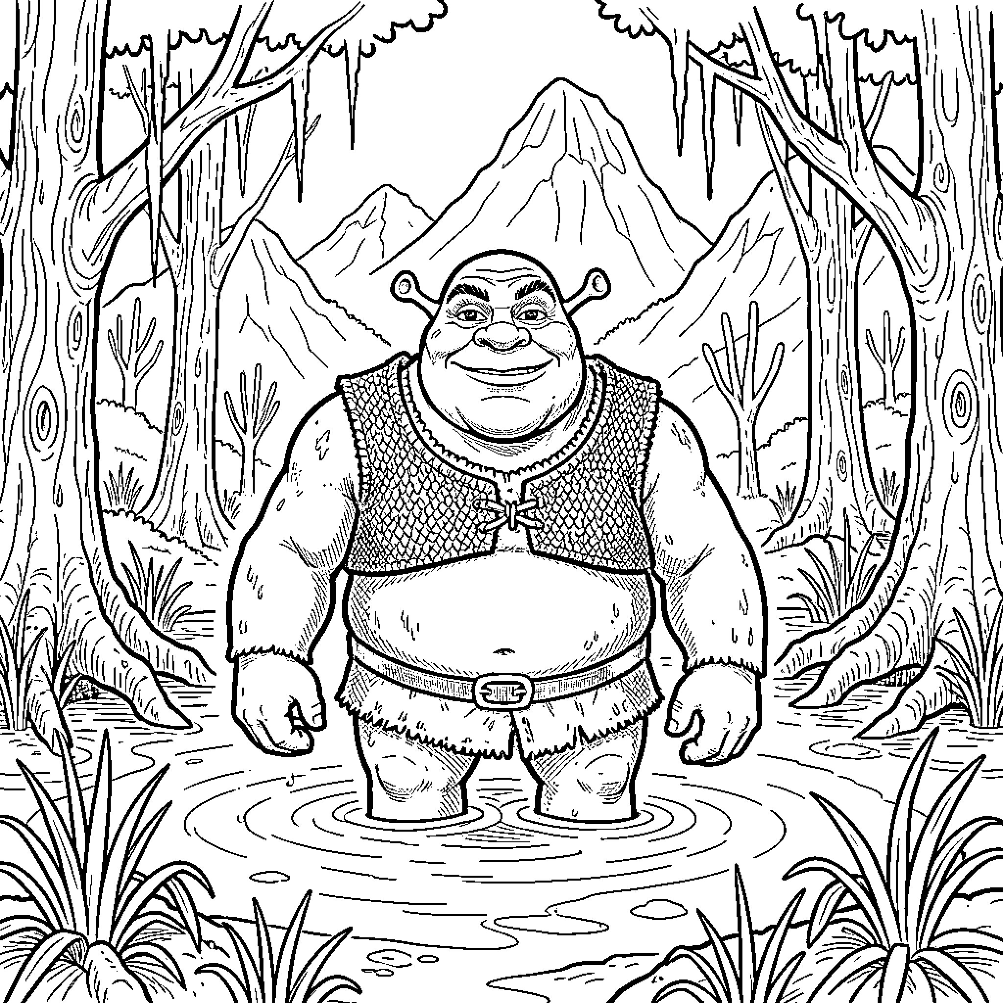 Shrek smiling while standing in a swamp Coloring Page (free black-and-white line drawing printable PDF for all, from beginners to advanced learners, including children, teens, adults, and seniors)