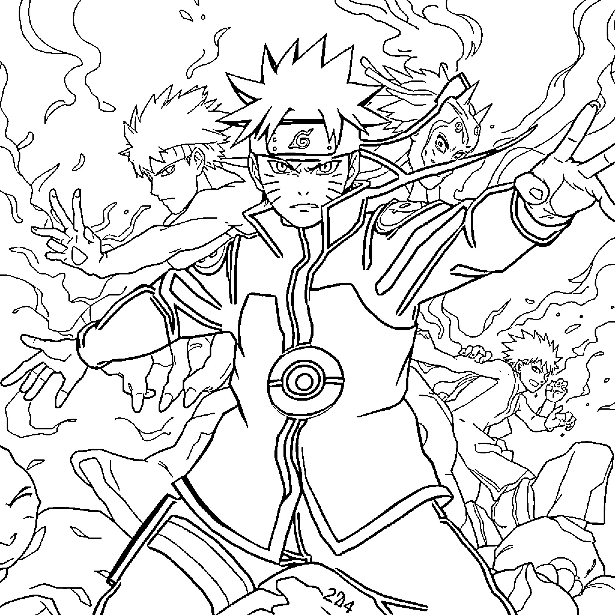 Naruto Unleashing Powerful Ninja Techniques Coloring Page (free black-and-white line drawing printable PDF for all, from beginners to advanced learners, including children, teens, adults, and seniors)