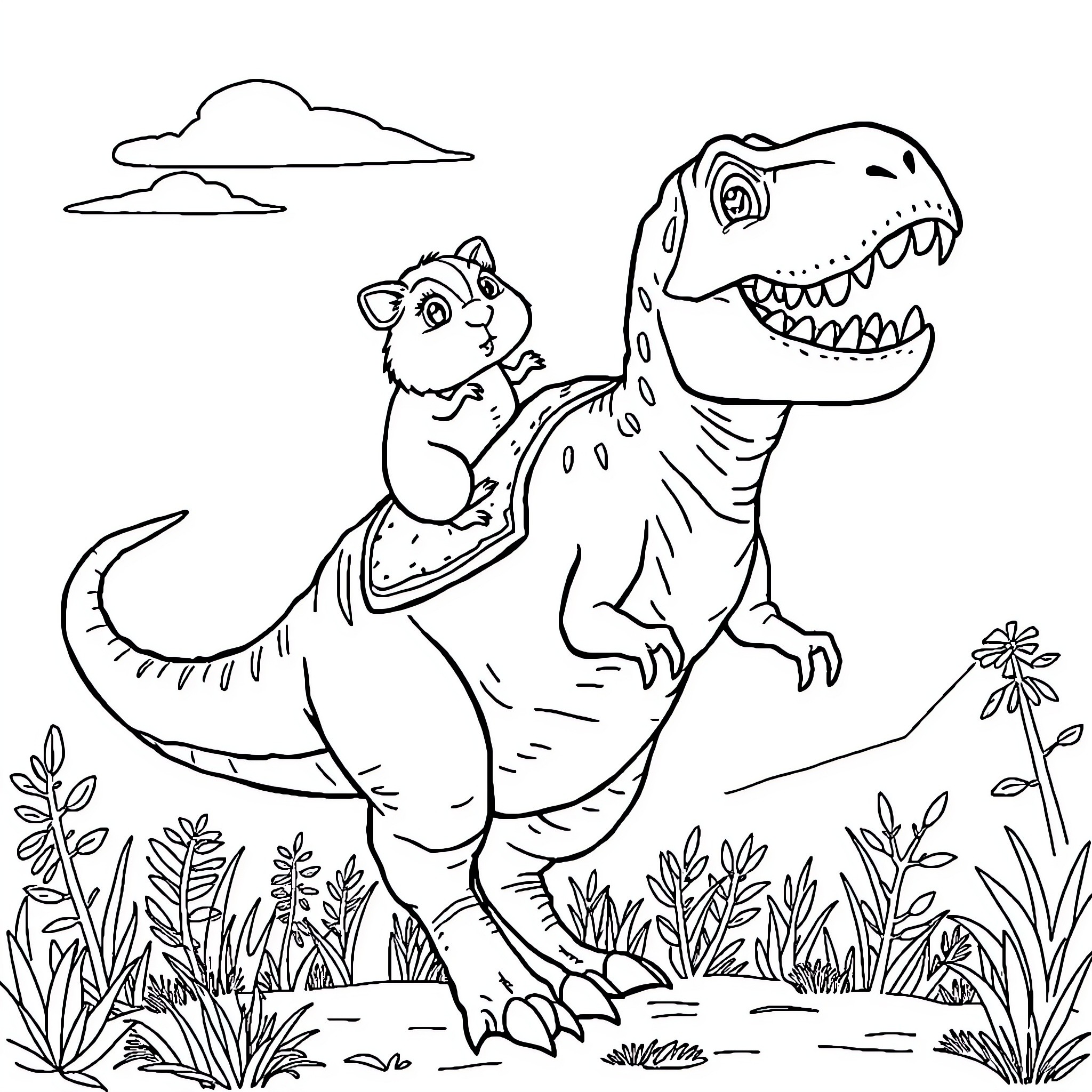 Guinea Pig Riding a Friendly Dinosaur Coloring Page (free black-and-white line drawing printable PDF for all, from beginners to advanced learners, including children, teens, adults, and seniors)