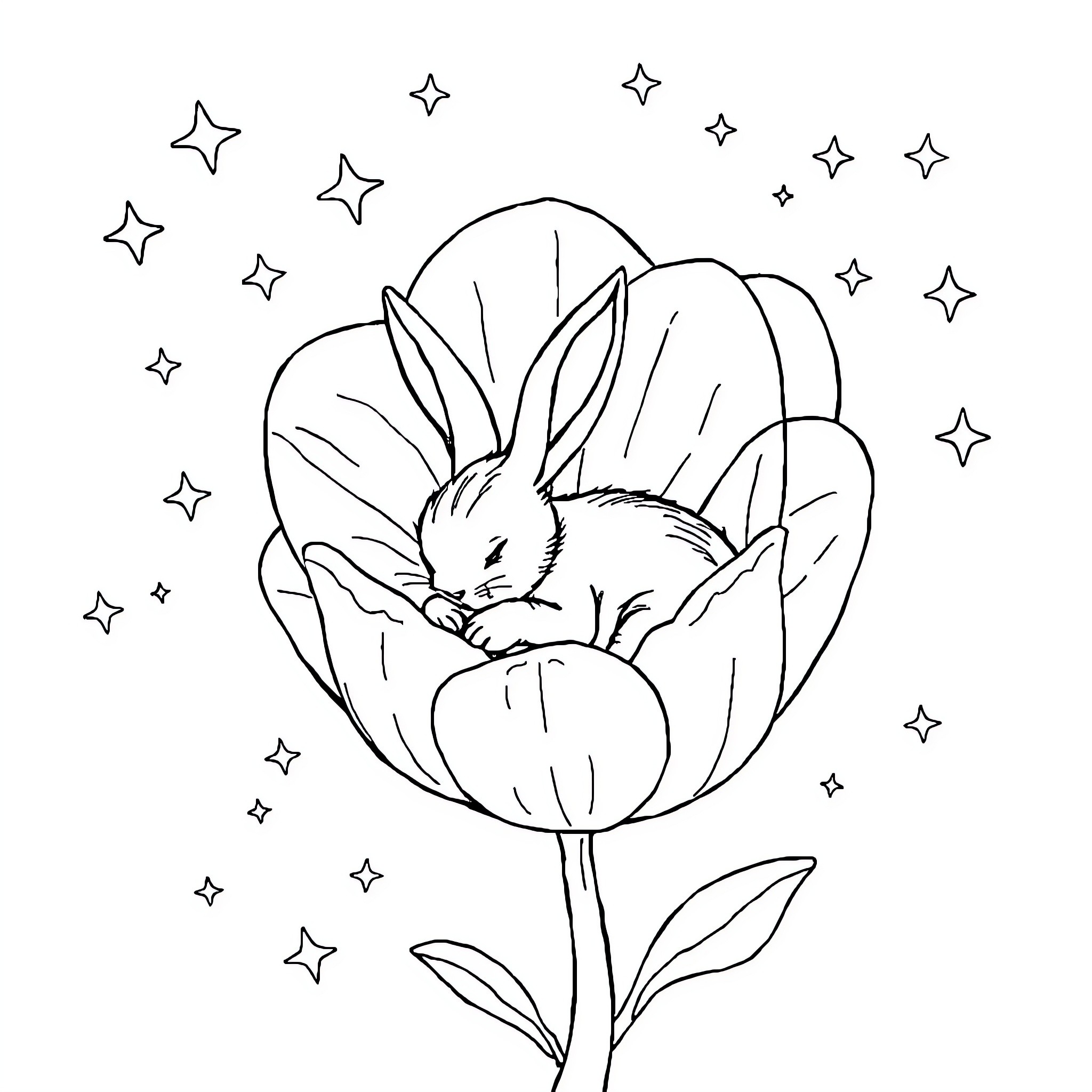 Conejo sleeping peacefully in a magical flower Coloring Page (free black-and-white line drawing printable PDF for all, from beginners to advanced learners, including children, teens, adults, and seniors)