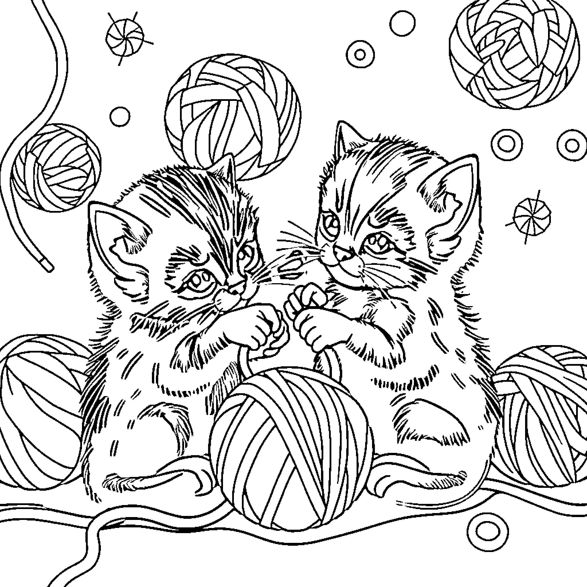 Kittens playing with yarn balls in a cozy space Coloring Page (free black-and-white line drawing printable PDF for all, from beginners to advanced learners, including children, teens, adults, and seniors)