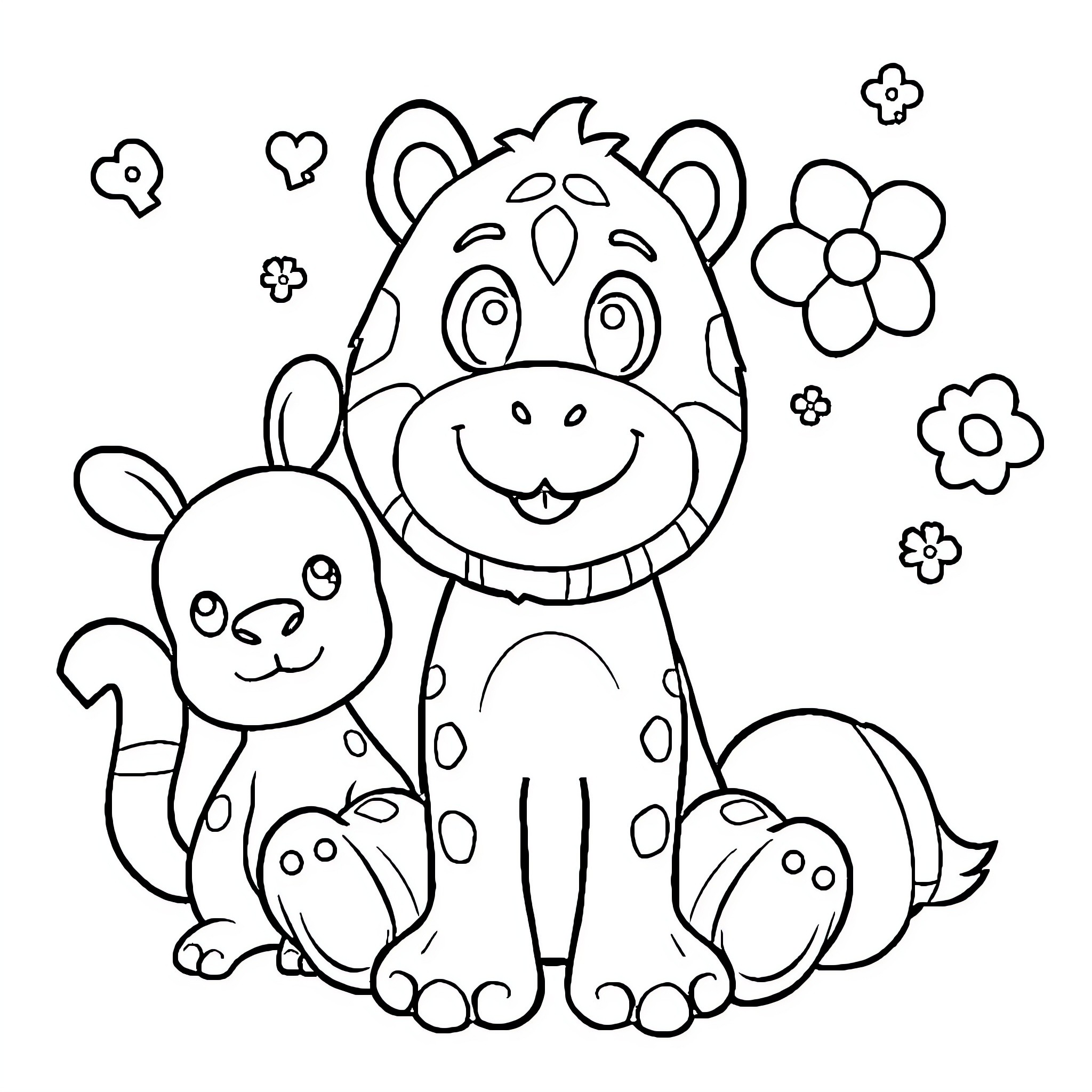 Animal friends enjoying the flowers Coloring Page (free black-and-white line drawing printable PDF for all, from beginners to advanced learners, including children, teens, adults, and seniors)