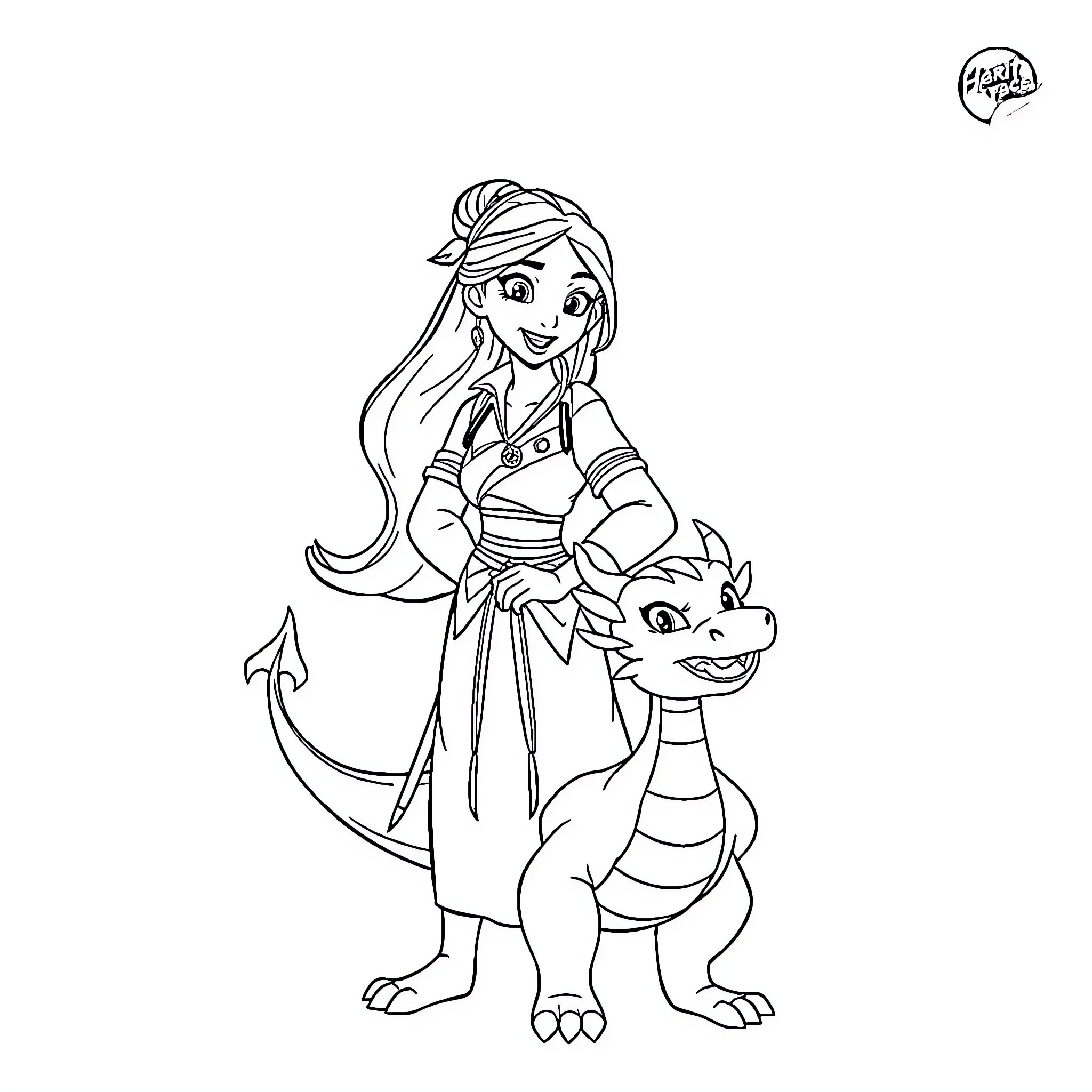 Mulan in adventurous pose with dragon companion Coloring Page (free black-and-white line drawing printable PDF for all, from beginners to advanced learners, including children, teens, adults, and seniors)