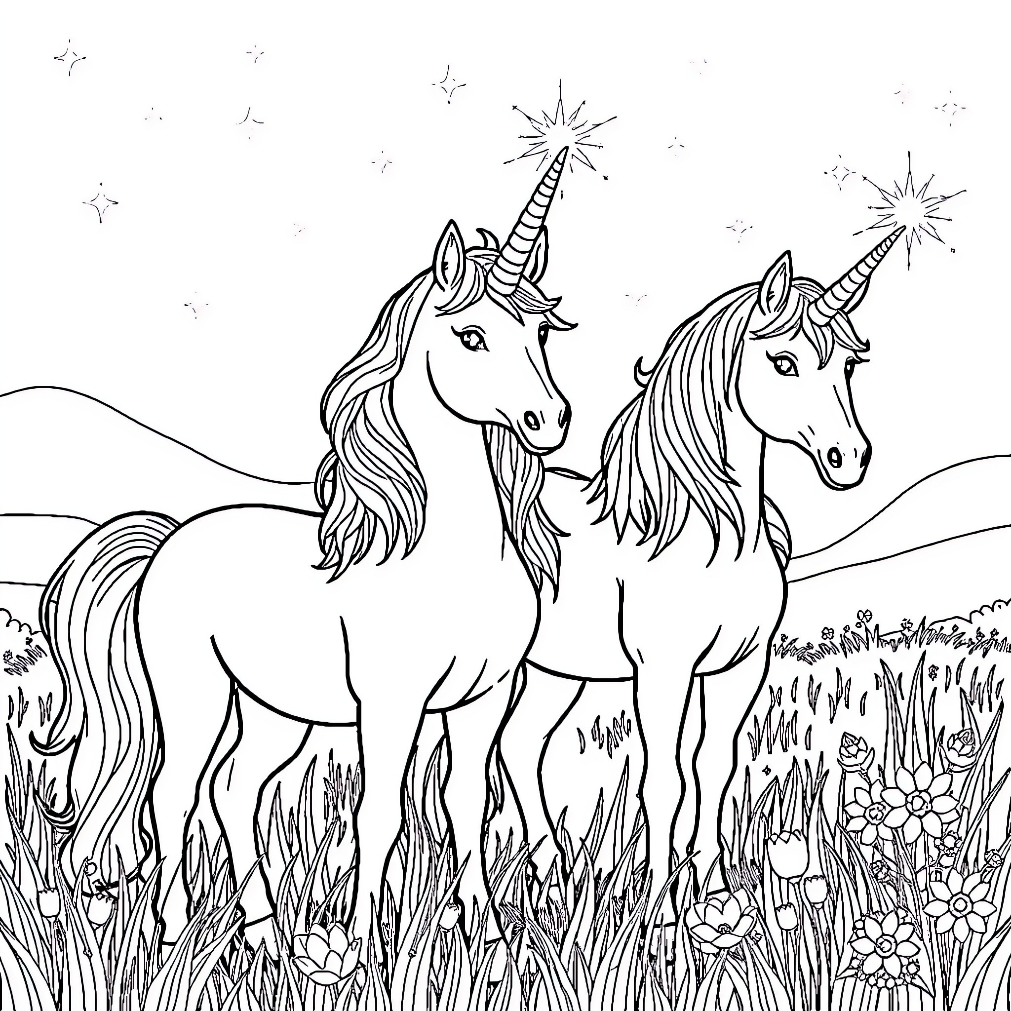Unicorn friends in a magical meadow Coloring Page (free black-and-white line drawing printable PDF for all, from beginners to advanced learners, including children, teens, adults, and seniors)