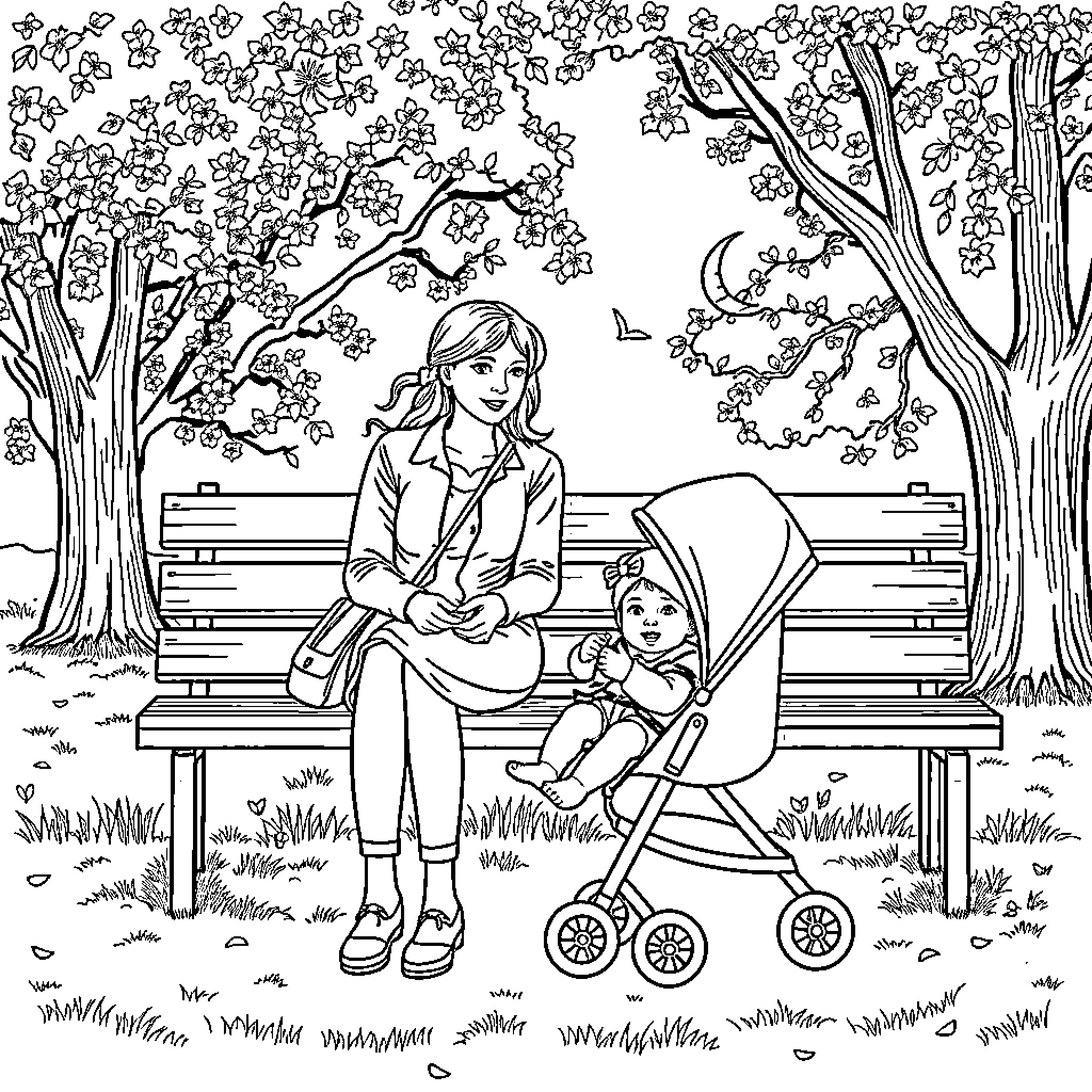 Woman and child enjoying a spring day in the park Coloring Page (free black-and-white line drawing printable PDF for all, from beginners to advanced learners, including children, teens, adults, and seniors)
