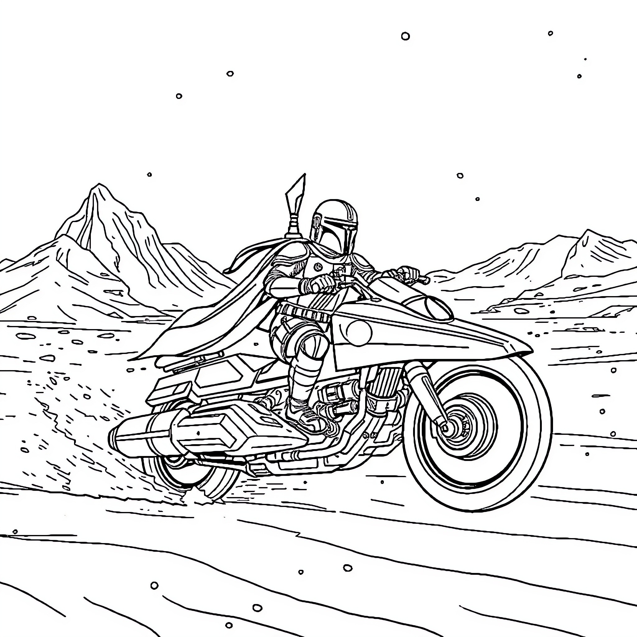 Mandalorian riding speeder bike through rugged terrain Coloring Page (free black-and-white line drawing printable PDF for all, from beginners to advanced learners, including children, teens, adults, and seniors)