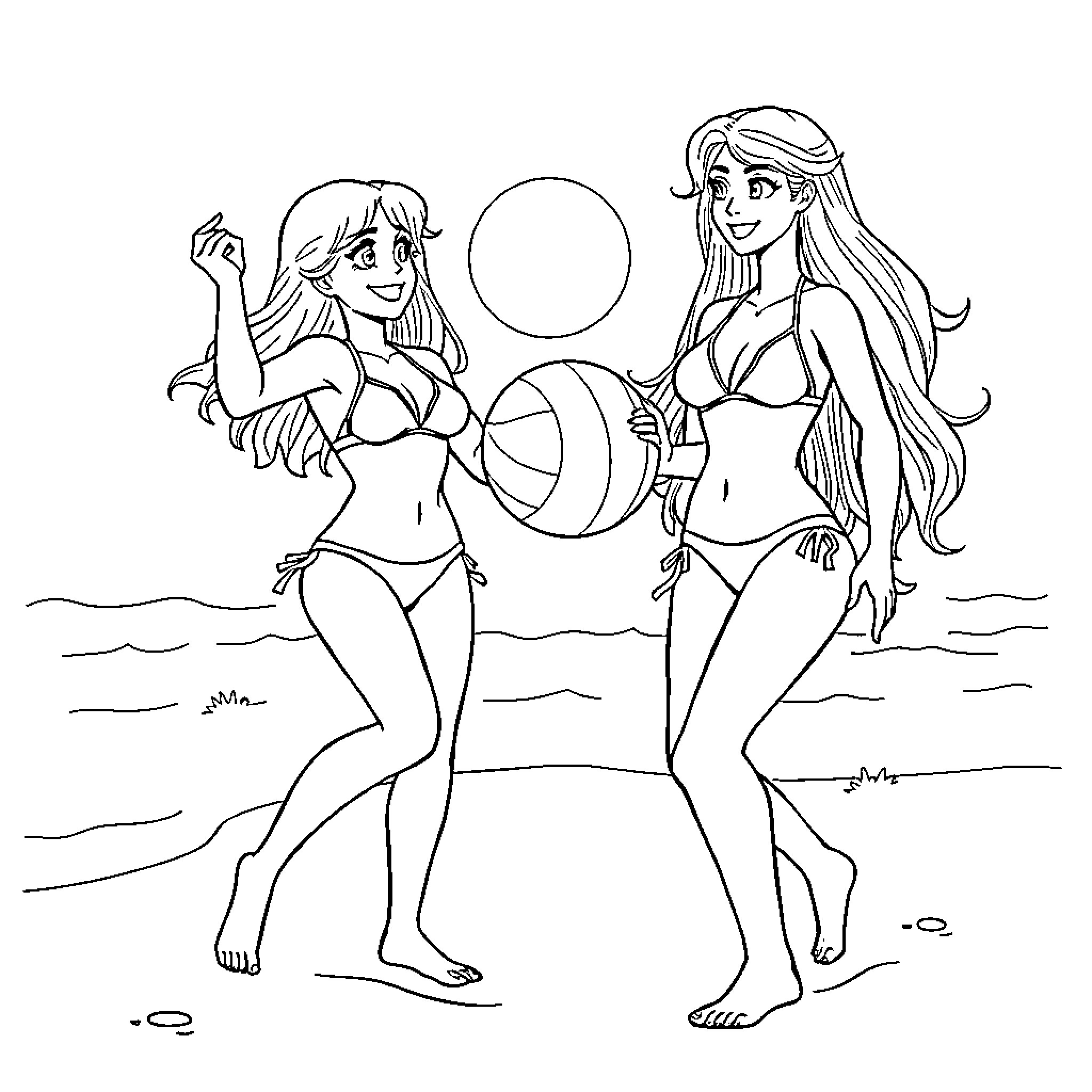 Nani's Beach Ball Fun with Companions Coloring Page (free black-and-white line drawing printable PDF for all, from beginners to advanced learners, including children, teens, adults, and seniors)