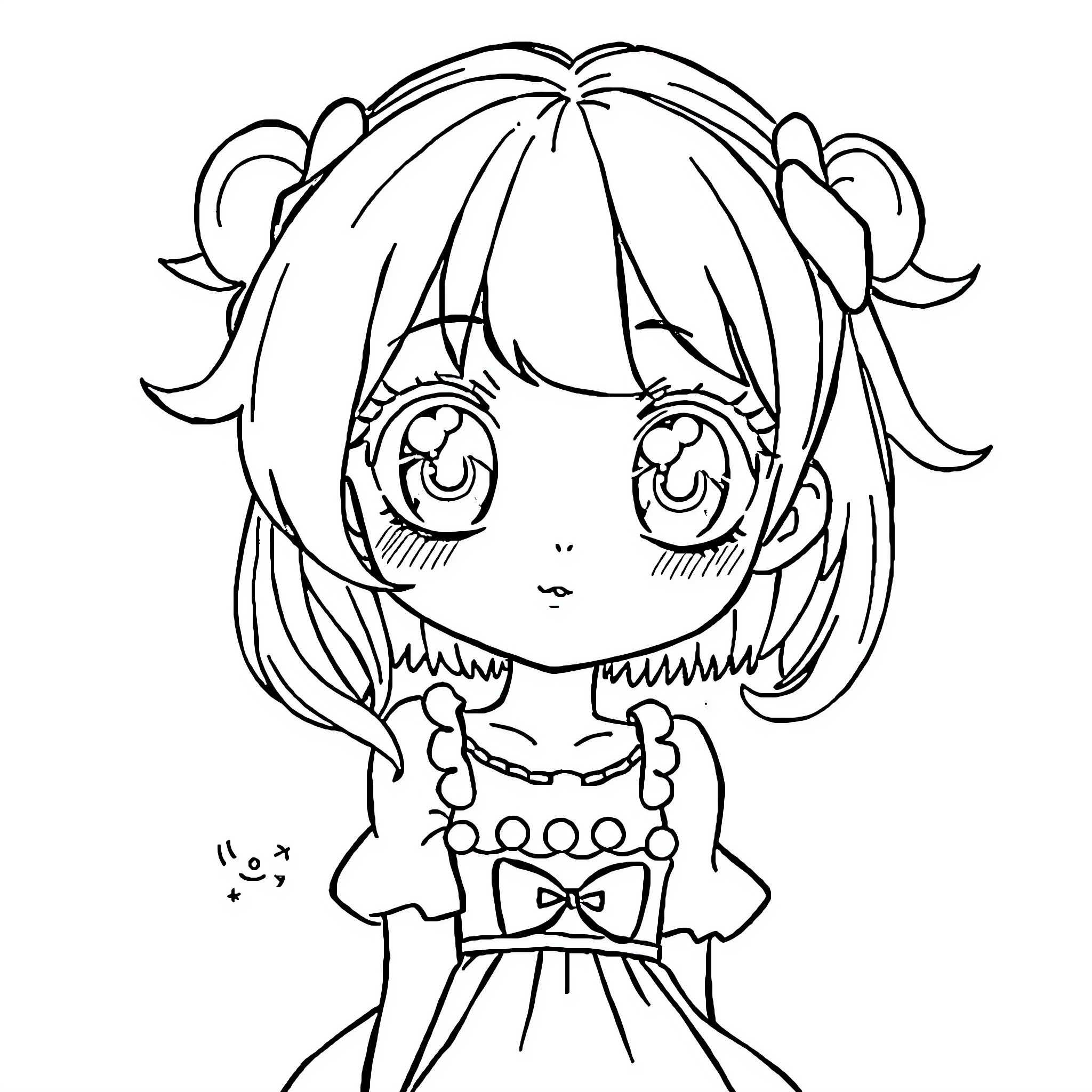 Anime Girl with Big Expressive Eyes and Pigtails Coloring Page (free black-and-white line drawing printable PDF for all, from beginners to advanced learners, including children, teens, adults, and seniors)