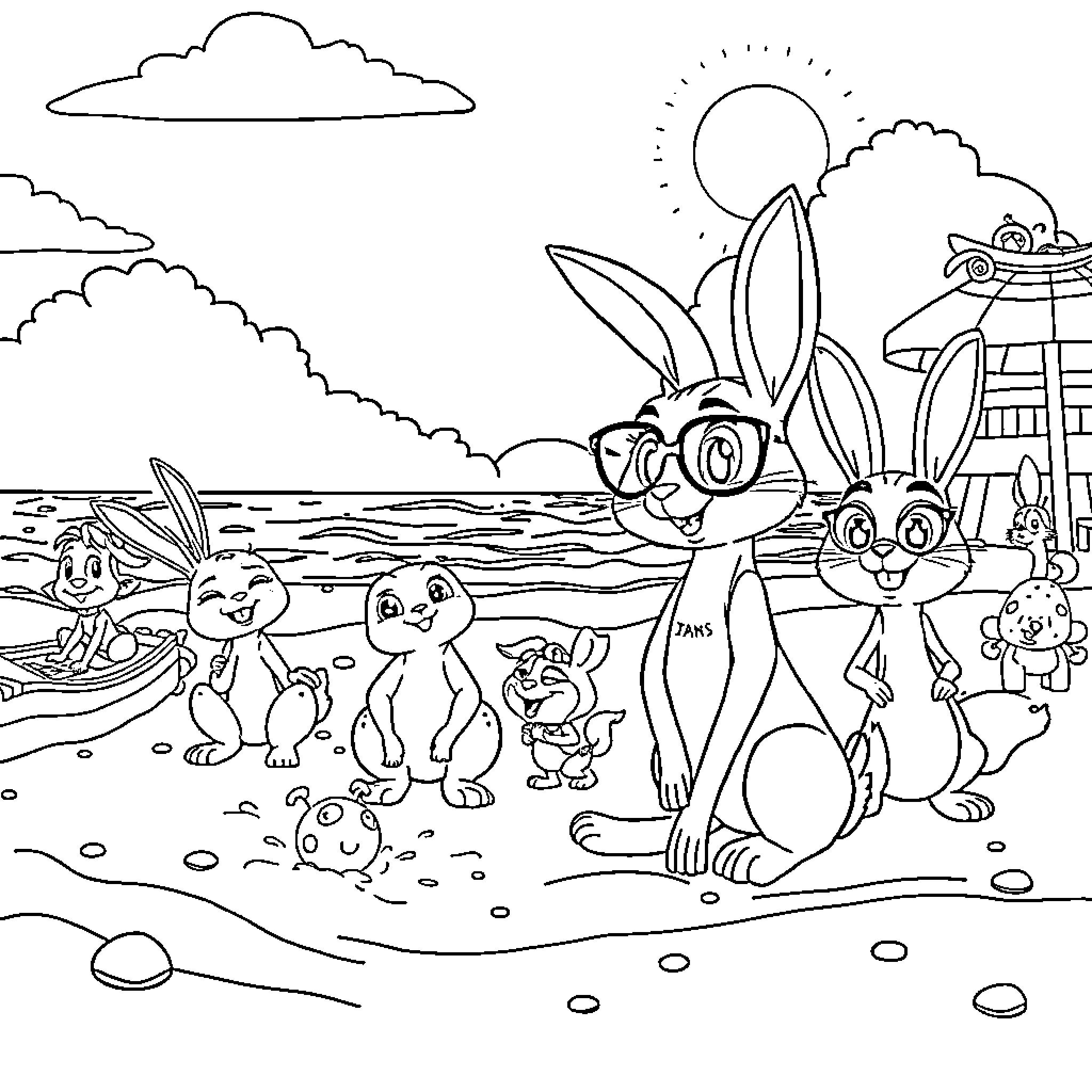 Judy Hopps and her rabbit friends on the beach Coloring Page (free black-and-white line drawing printable PDF for all, from beginners to advanced learners, including children, teens, adults, and seniors)