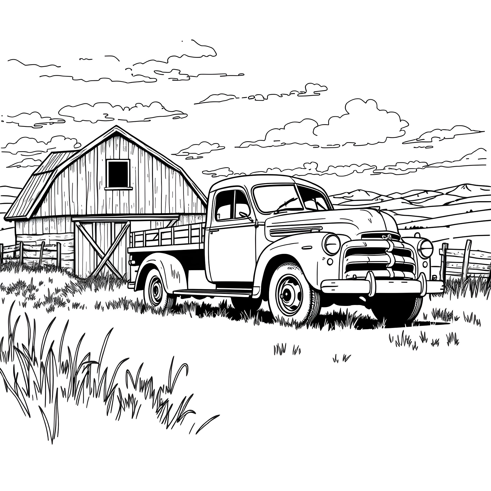 Truck parked near an old barn in a rural landscape Coloring Page (free black-and-white line drawing printable PDF for all, from beginners to advanced learners, including children, teens, adults, and seniors)