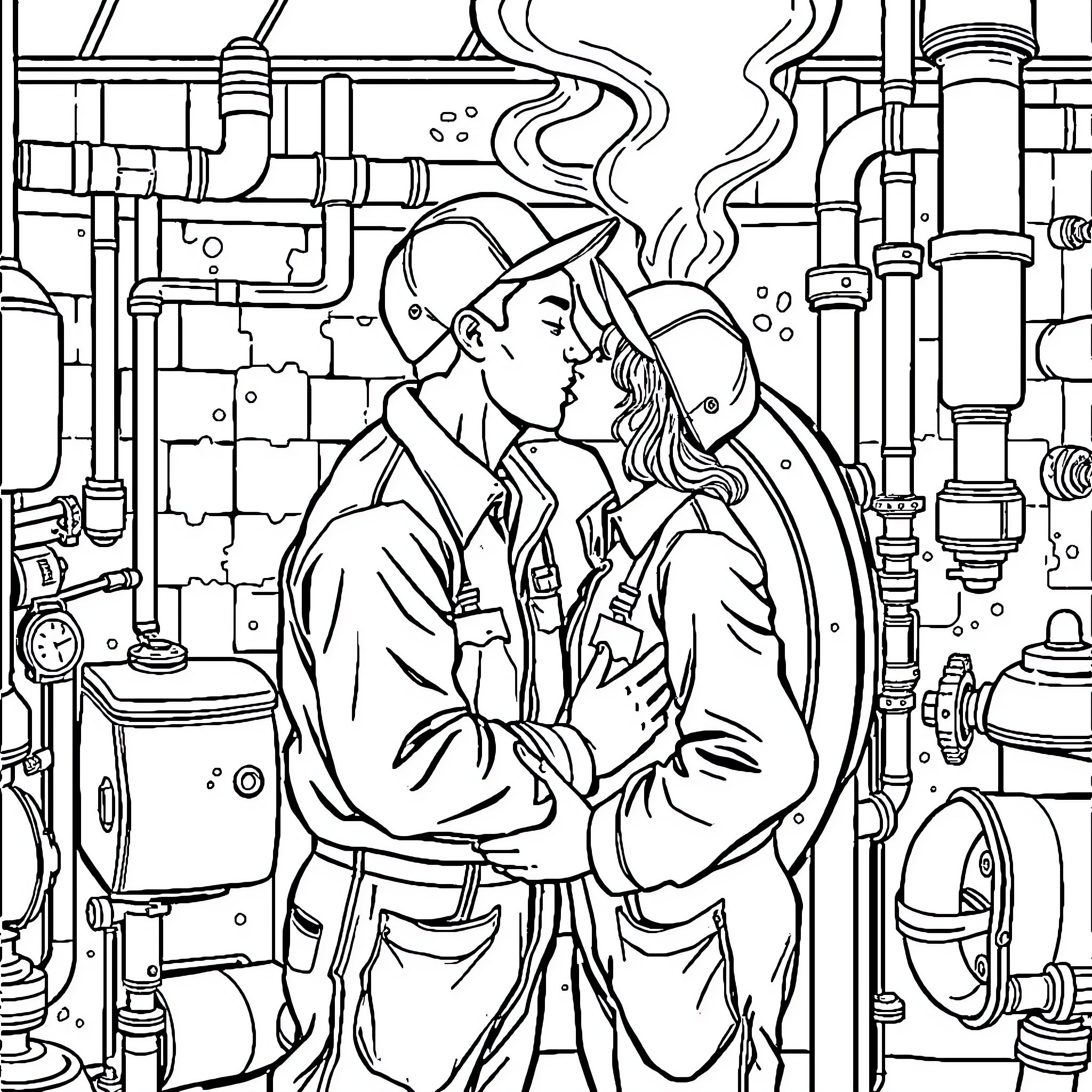 Worker couple embracing in industrial setting Coloring Page (free black-and-white line drawing printable PDF for all, from beginners to advanced learners, including children, teens, adults, and seniors)