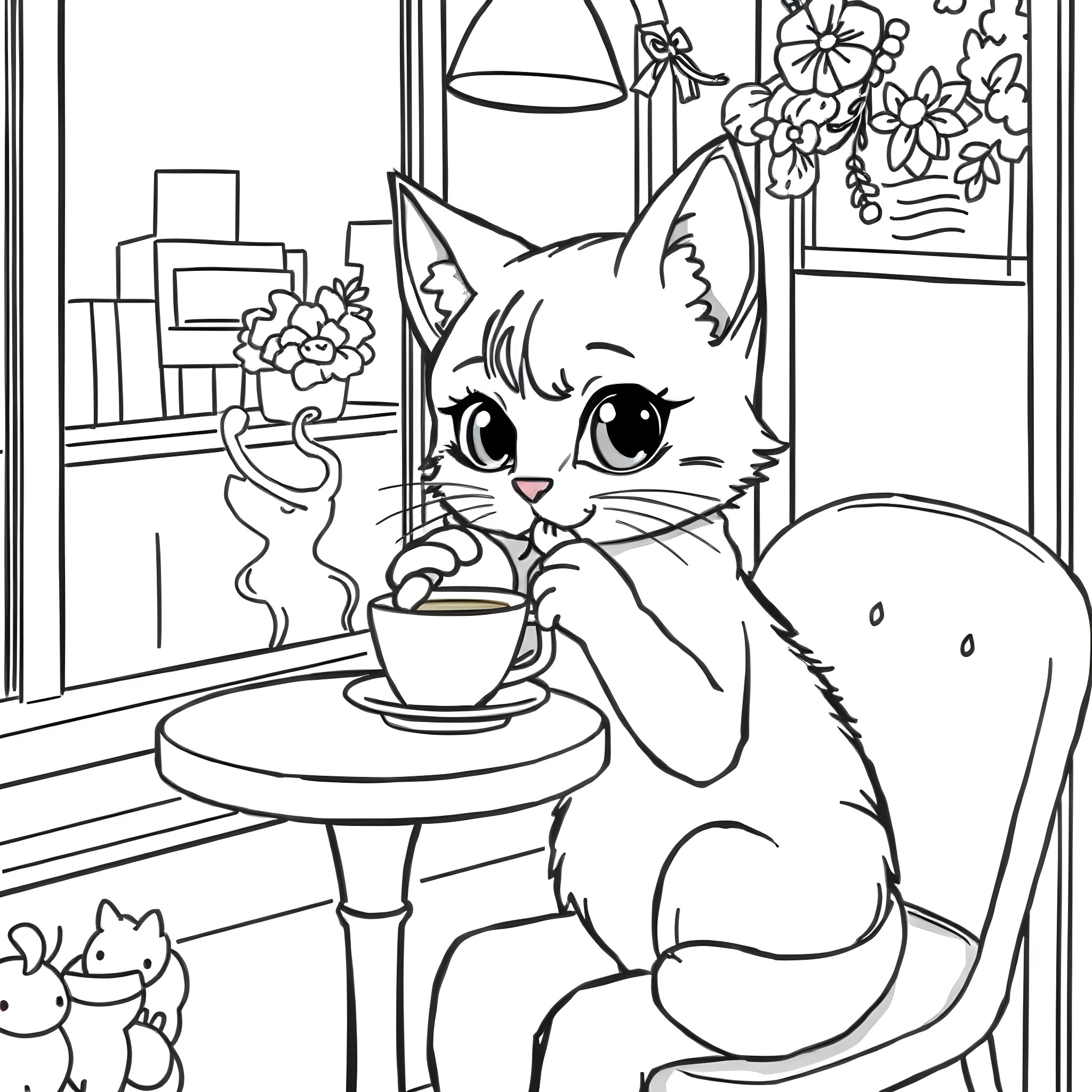 Catgirl Enjoying Drink by Window Coloring Page (free black-and-white line drawing printable PDF for all, from beginners to advanced learners, including children, teens, adults, and seniors)